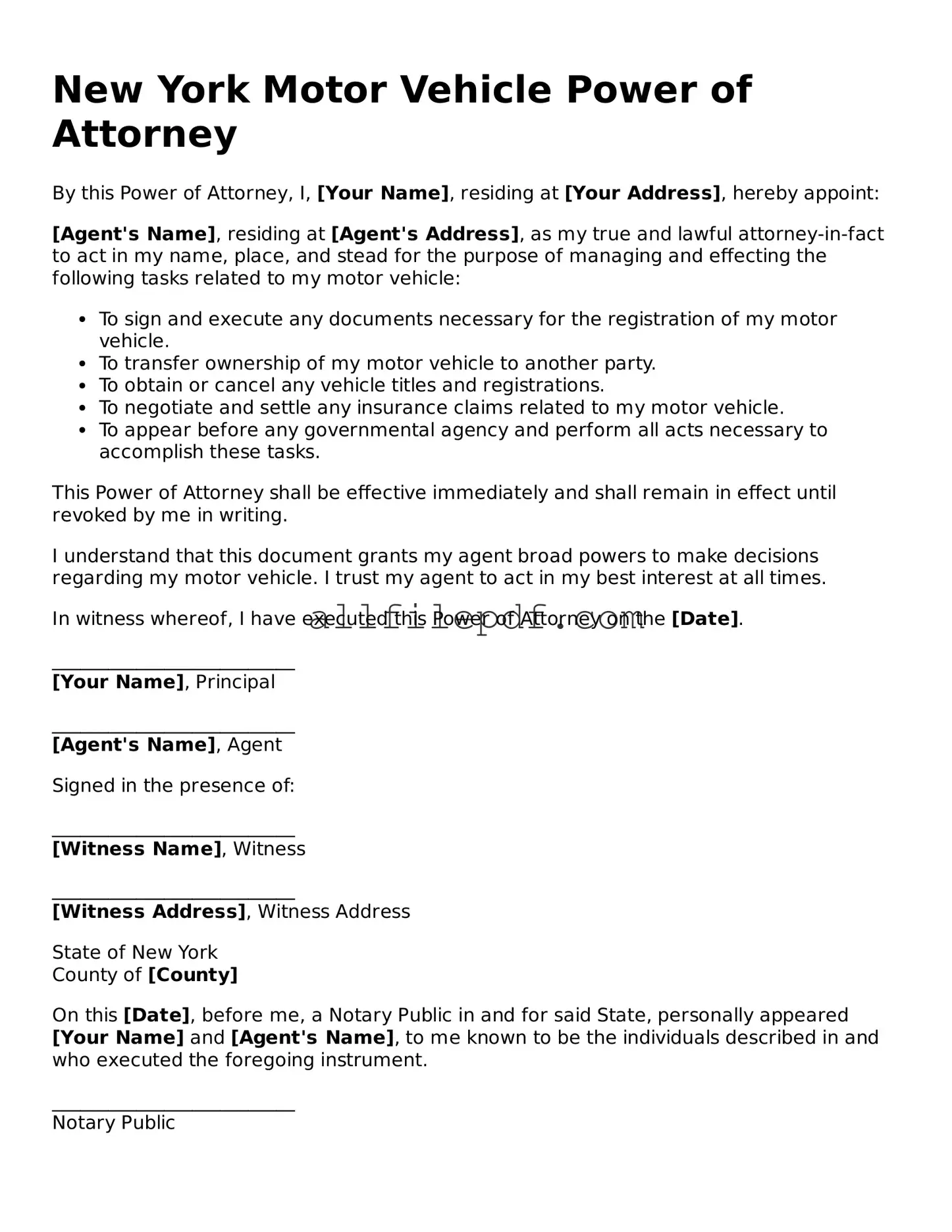 Official  Motor Vehicle Power of Attorney Document for New York