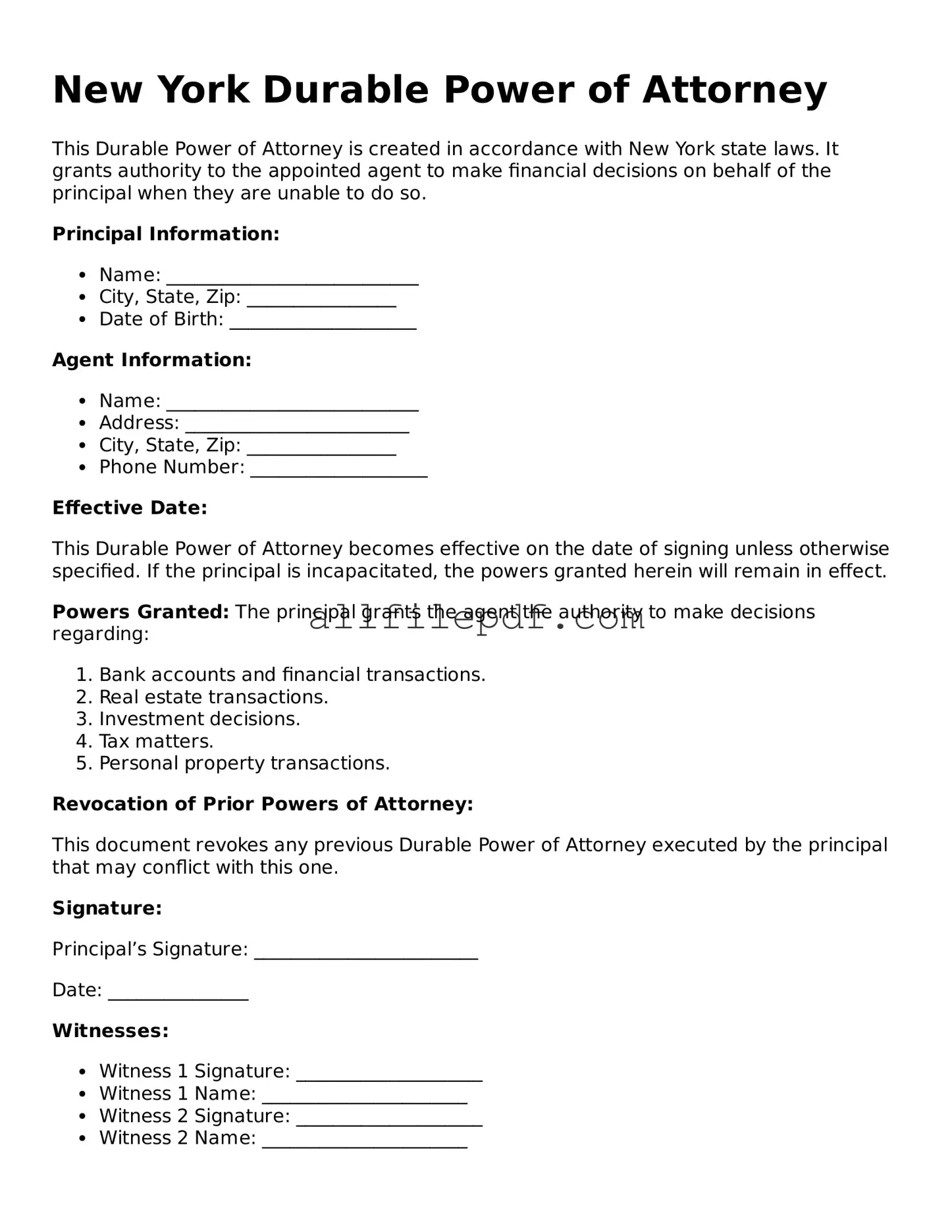 Official  Durable Power of Attorney Document for New York