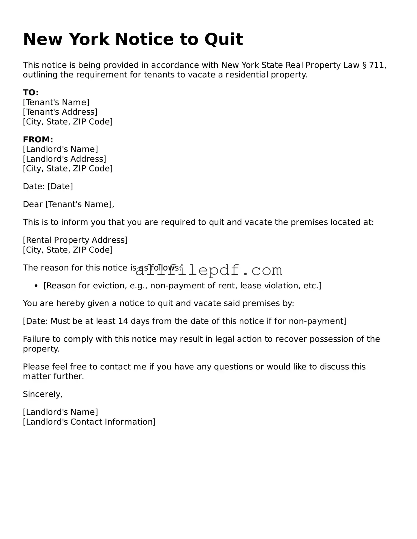 Official  Notice to Quit Document for New York