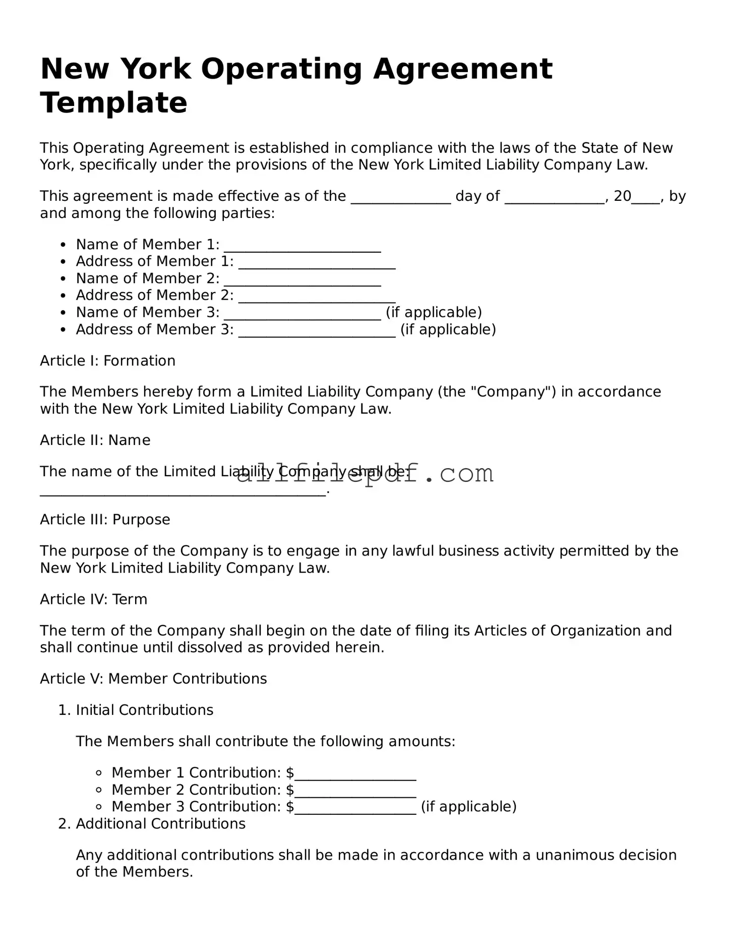 Official  Operating Agreement Document for New York