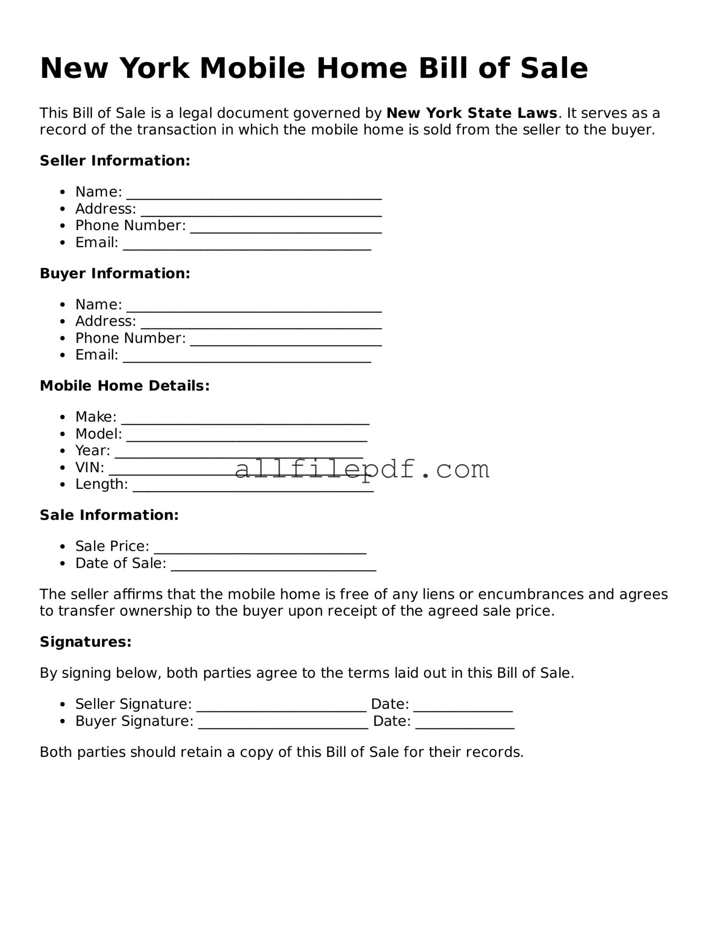 Official  Mobile Home Bill of Sale Document for New York