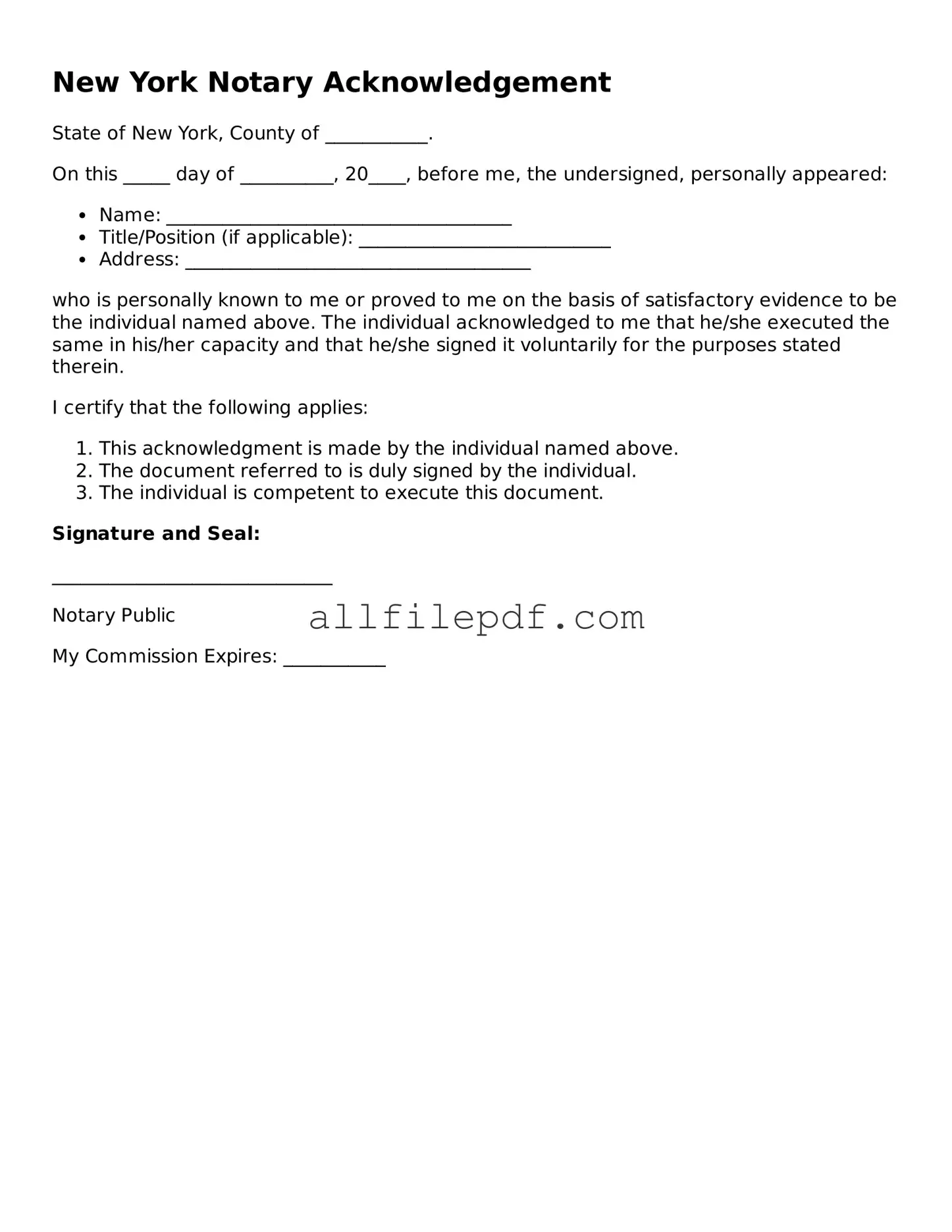Official  Notary Acknowledgement Document for New York