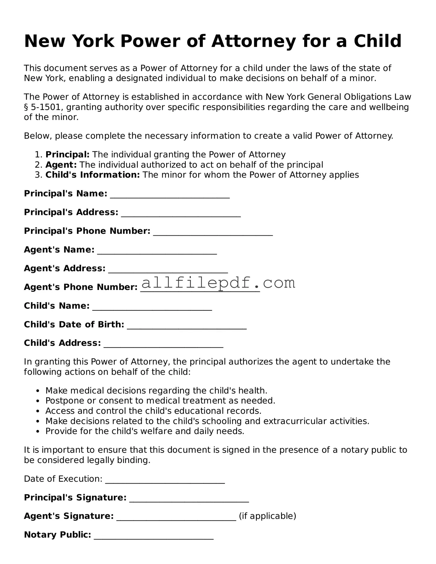Official  Power of Attorney for a Child Document for New York