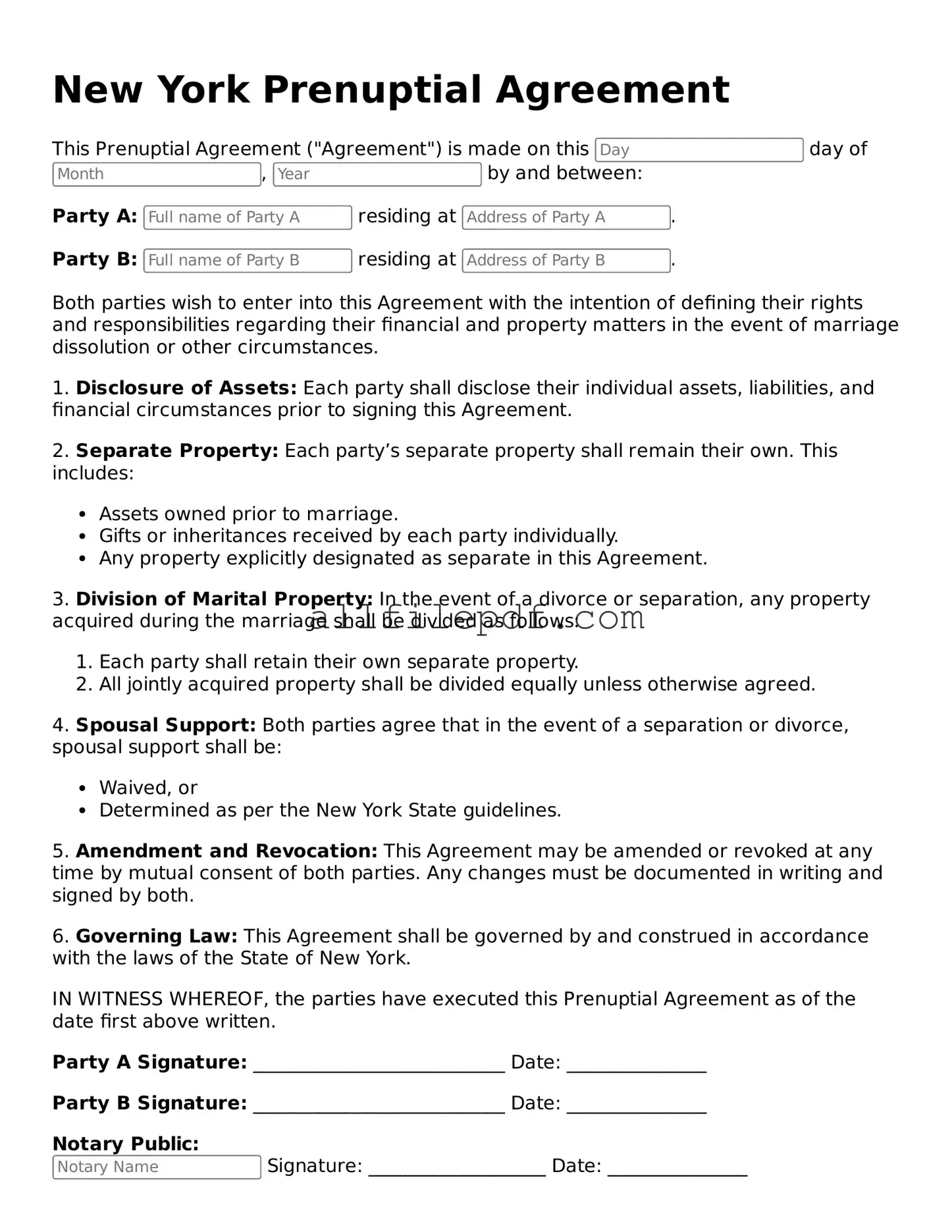 Official  Prenuptial Agreement Document for New York