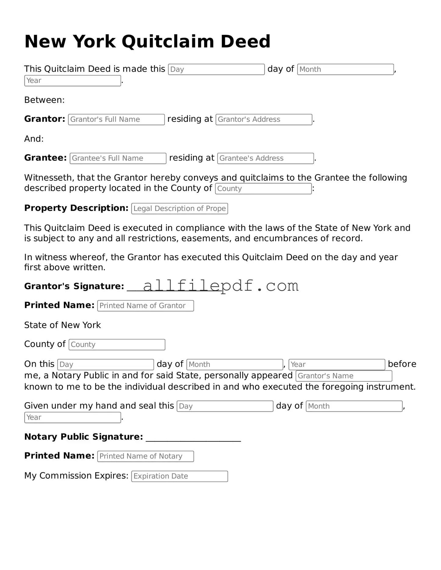 Official  Quitclaim Deed Document for New York