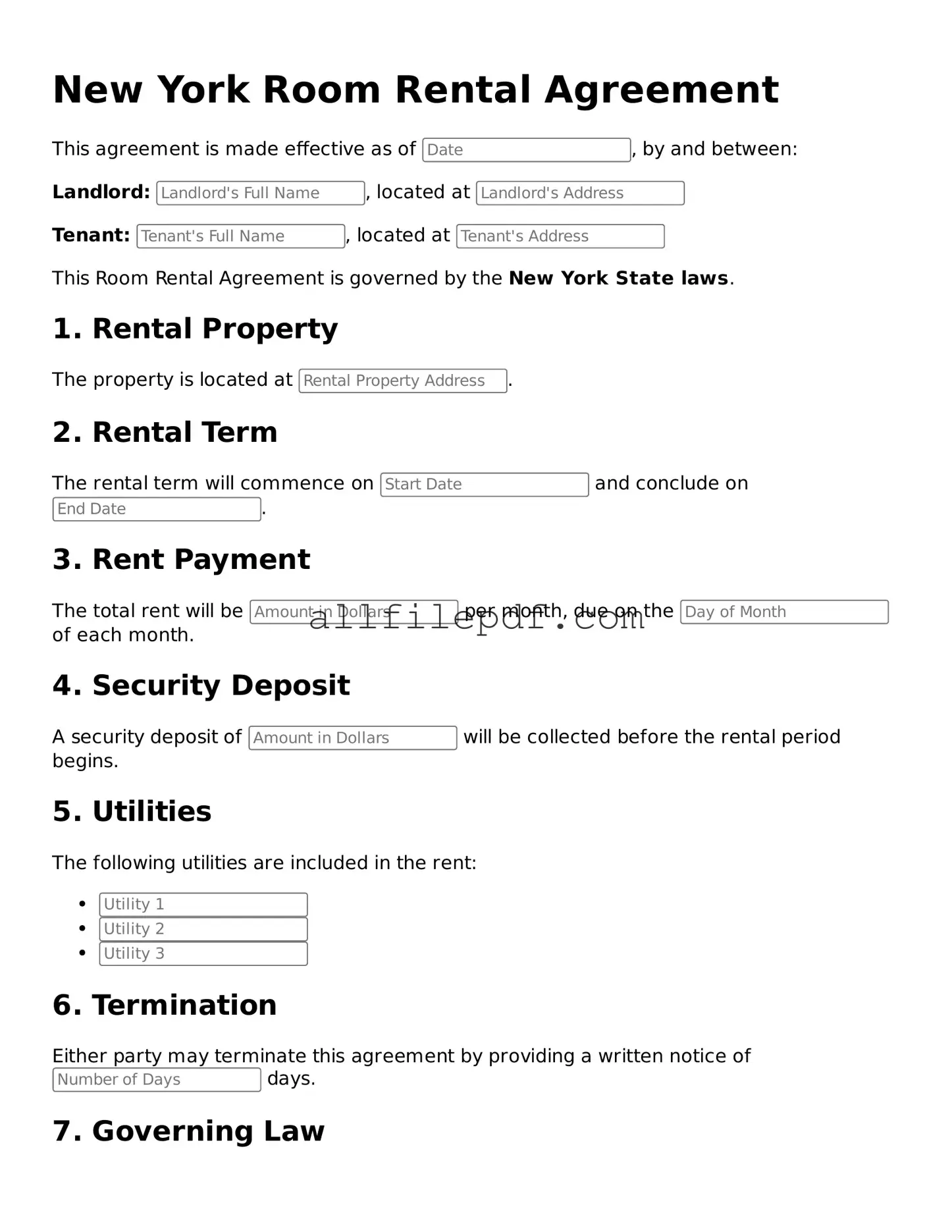 Official  Room Rental Agreement Document for New York