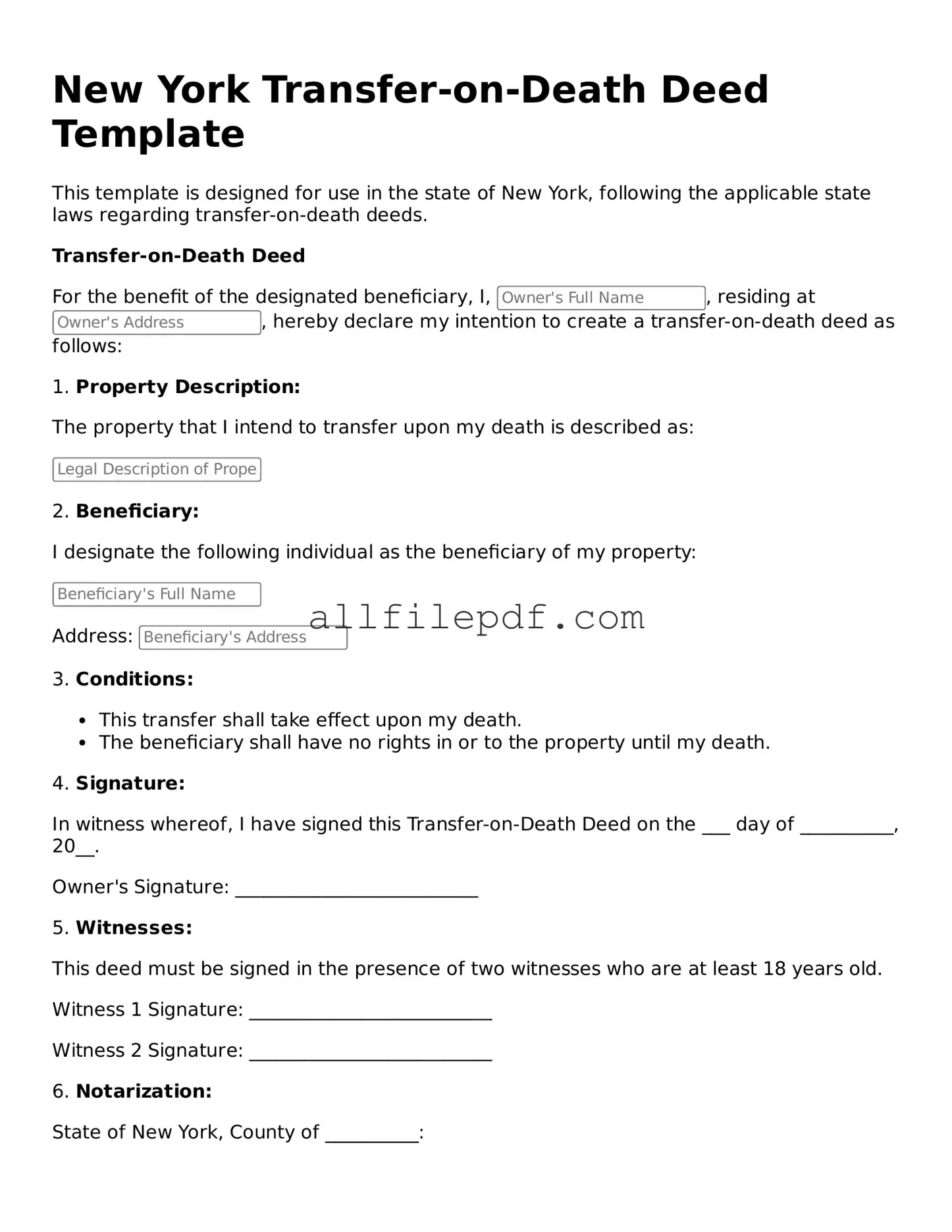Official  Transfer-on-Death Deed Document for New York