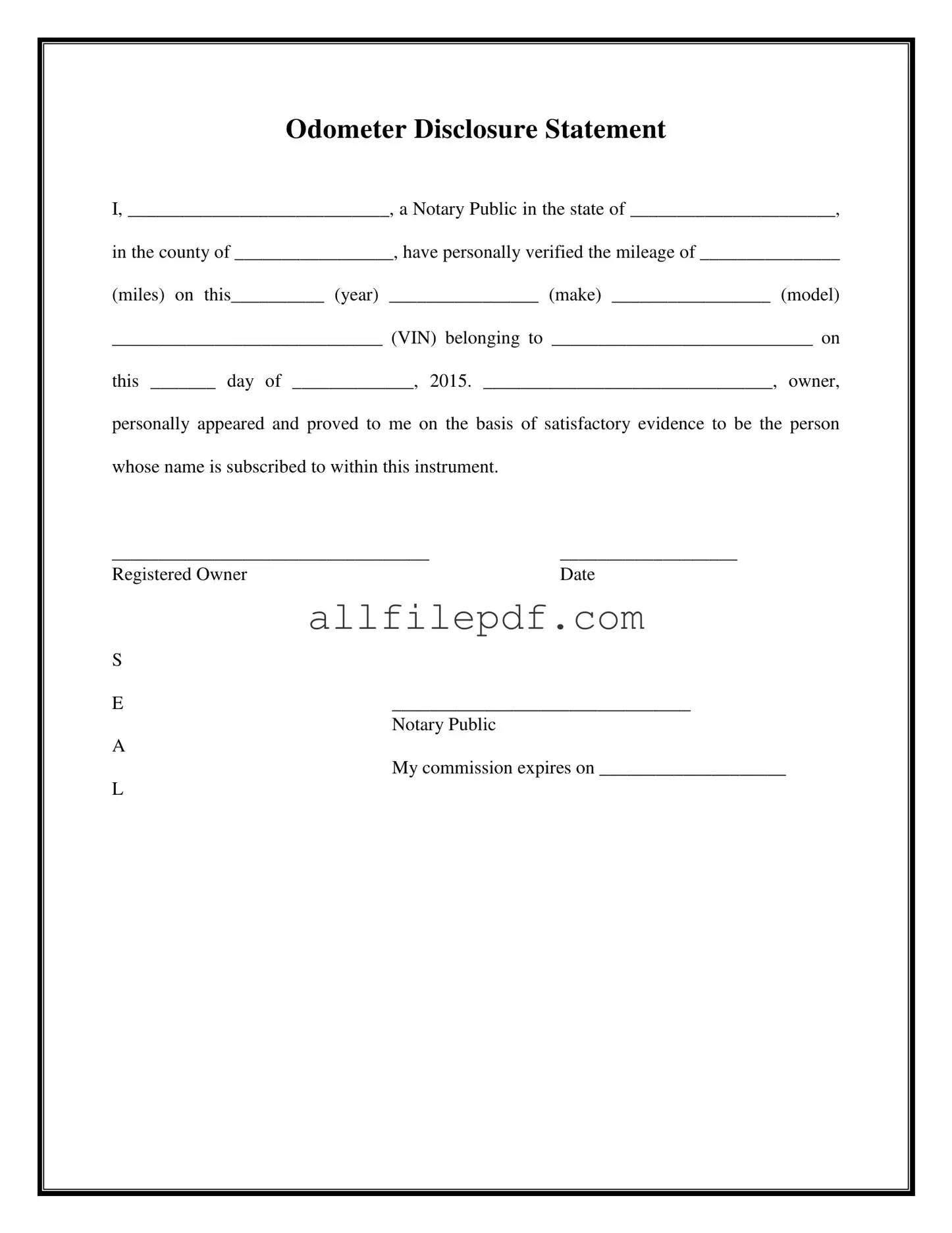 Blank Notarized Odometer Statement PDF Form