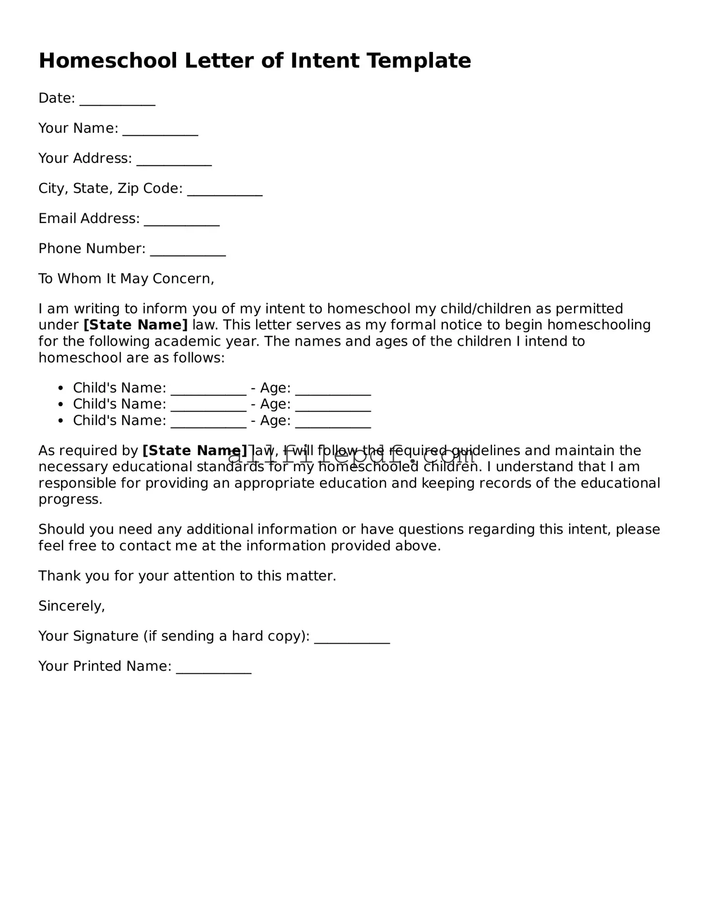 Blank Homeschool Letter of Intent Template