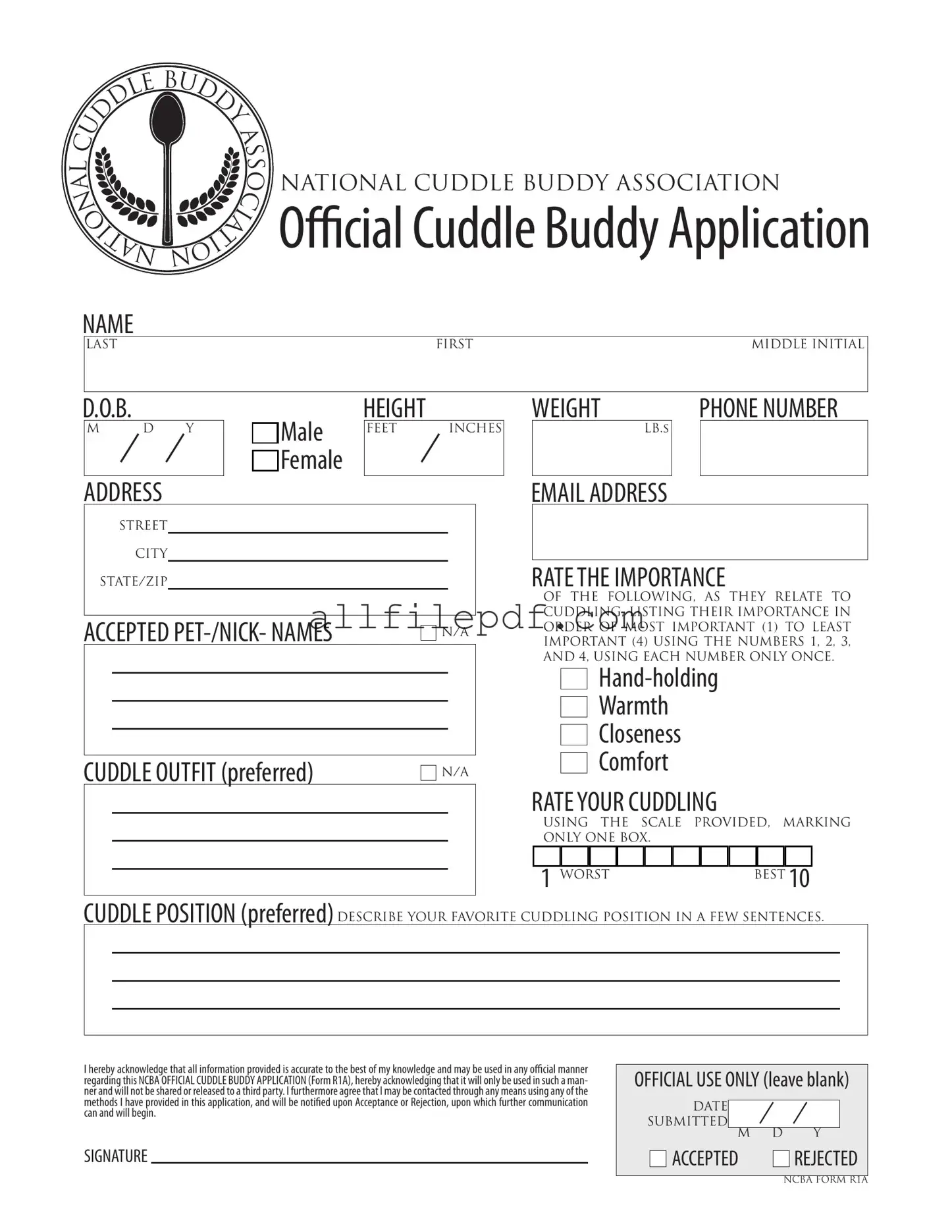 Blank Cuddle Buddy Application PDF Form