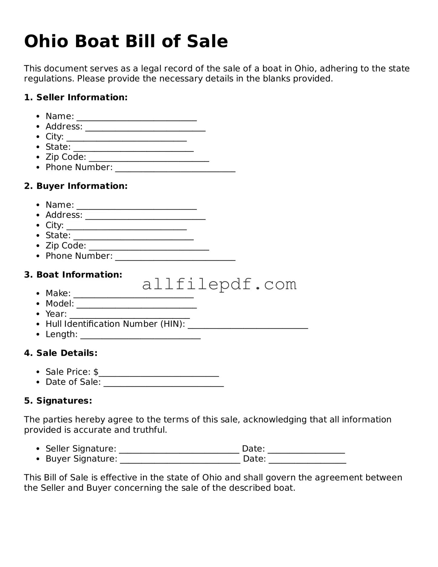 Official  Boat Bill of Sale Document for Ohio