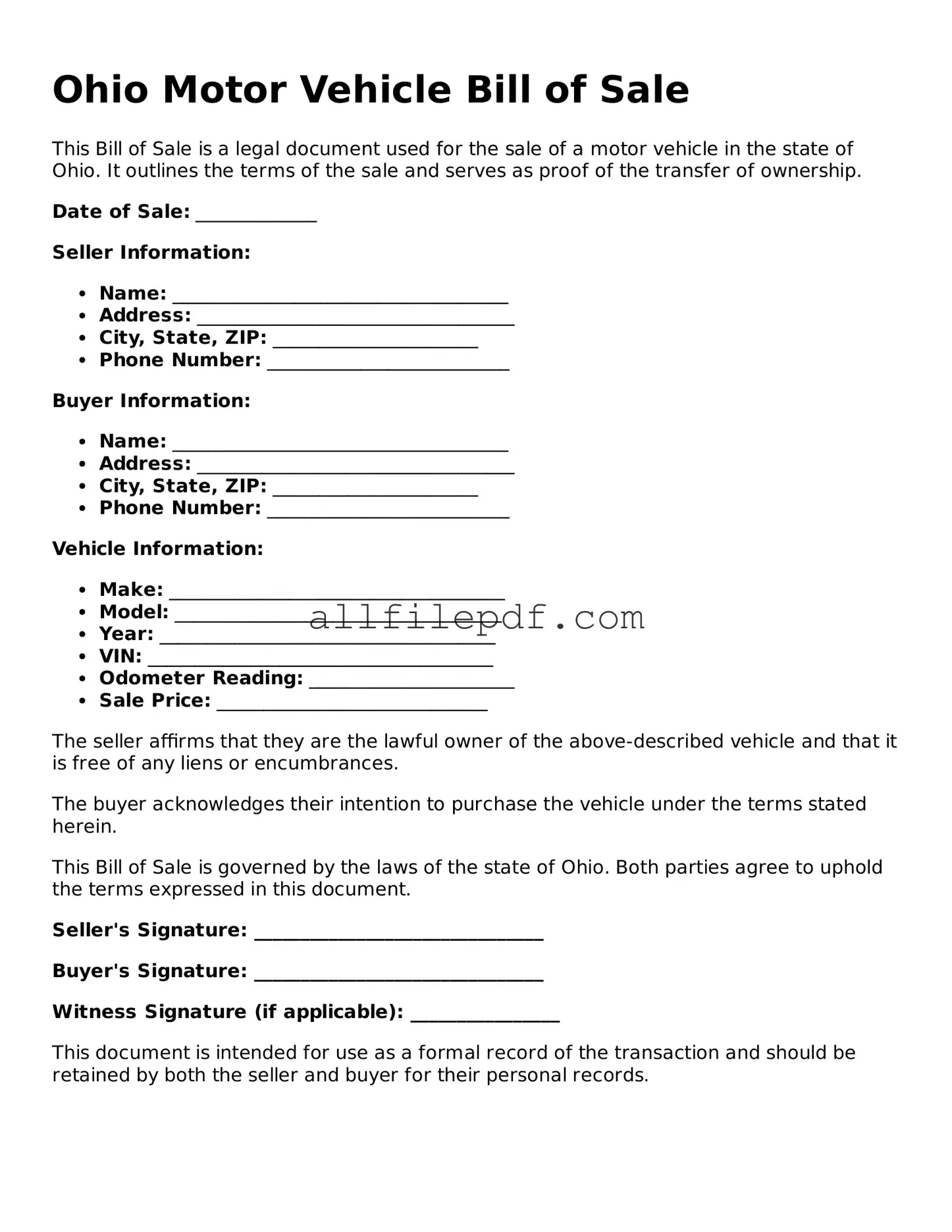 Official  Motor Vehicle Bill of Sale Document for Ohio