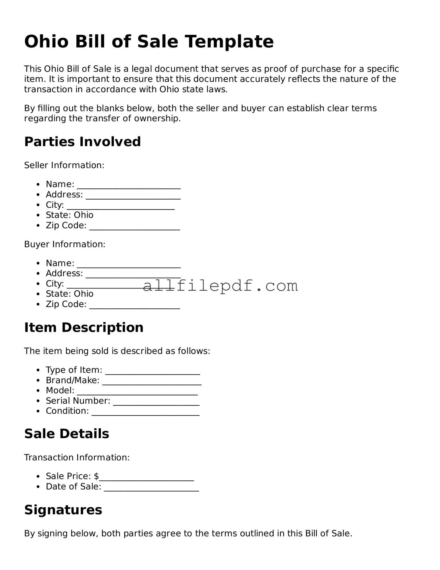 Official  Bill of Sale Document for Ohio