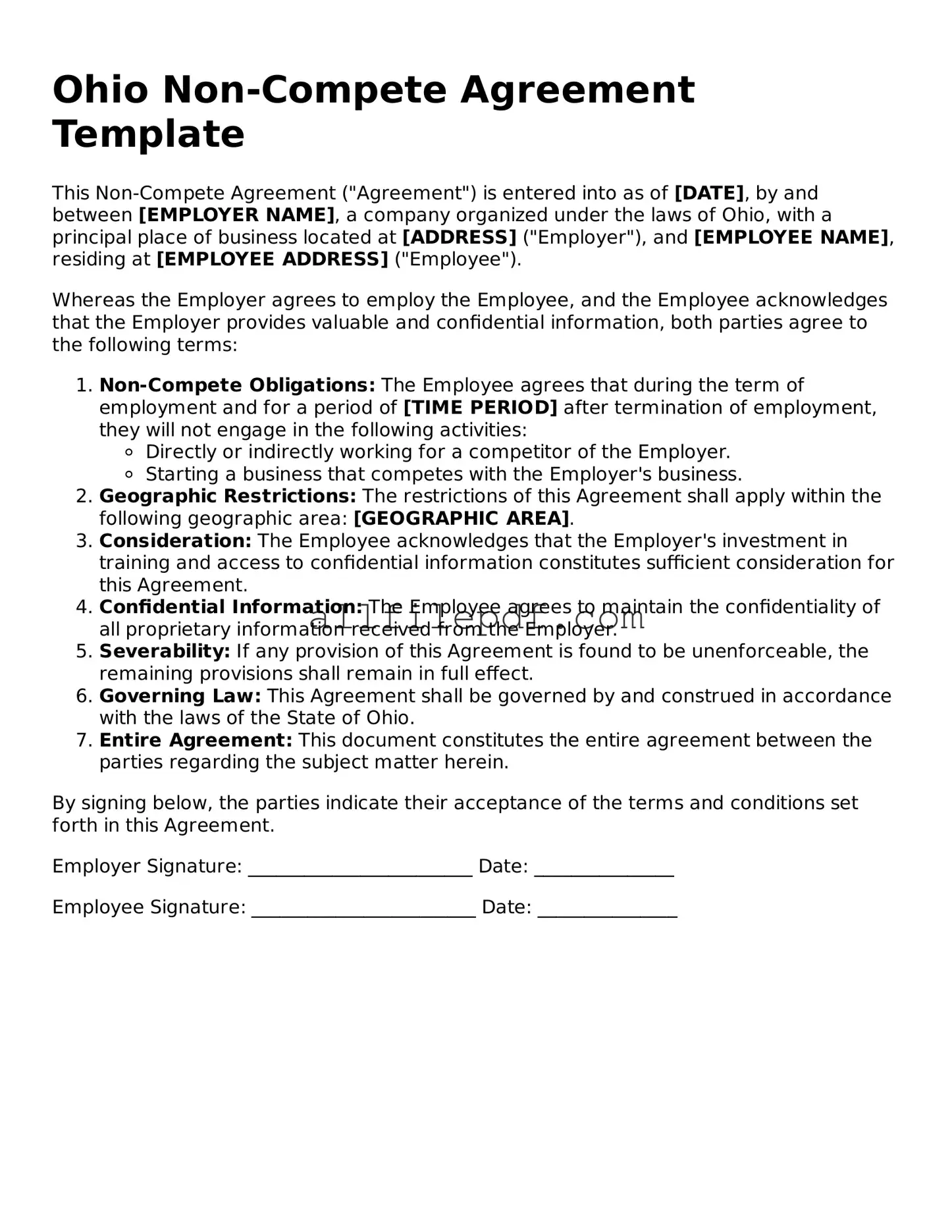Official  Non-compete Agreement Document for Ohio