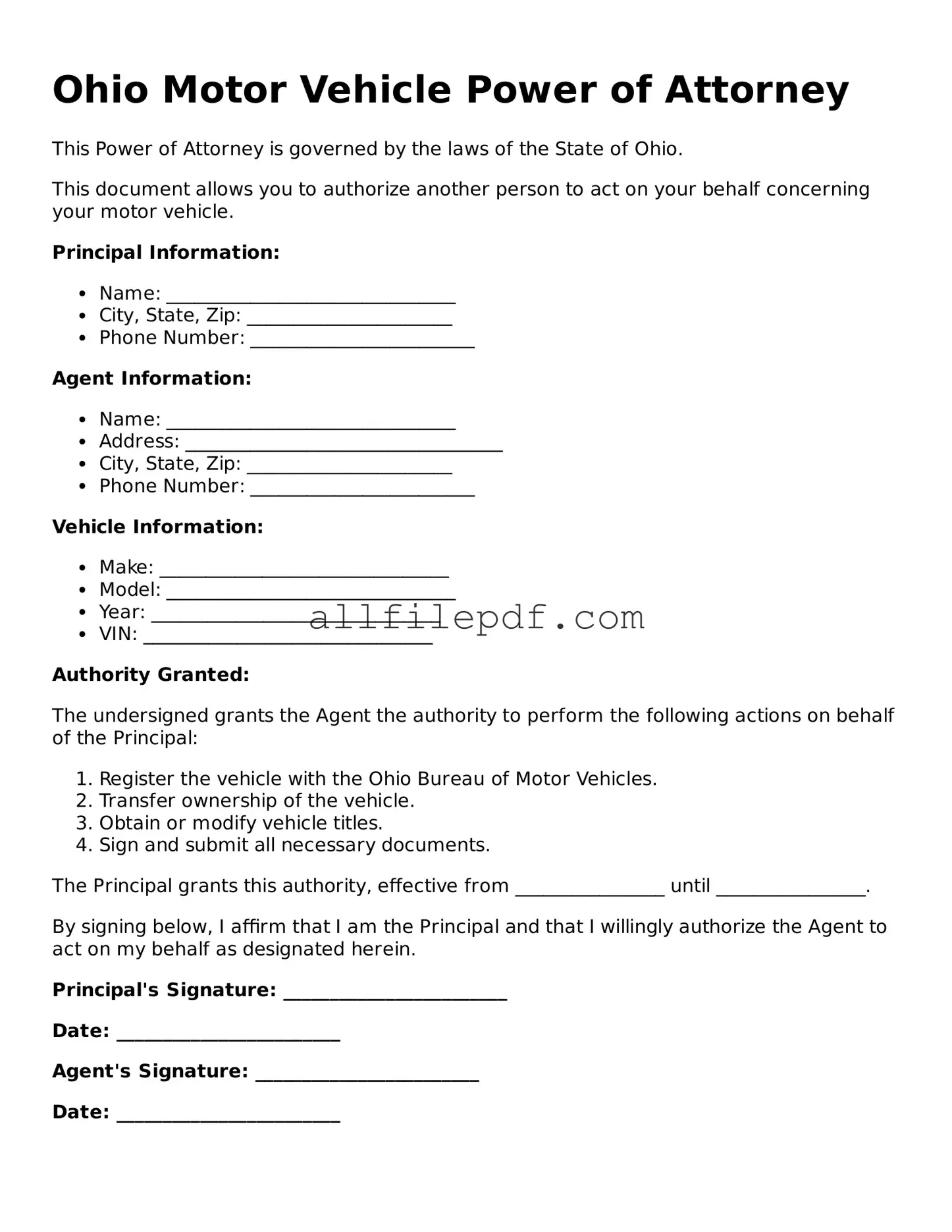 Official  Motor Vehicle Power of Attorney Document for Ohio