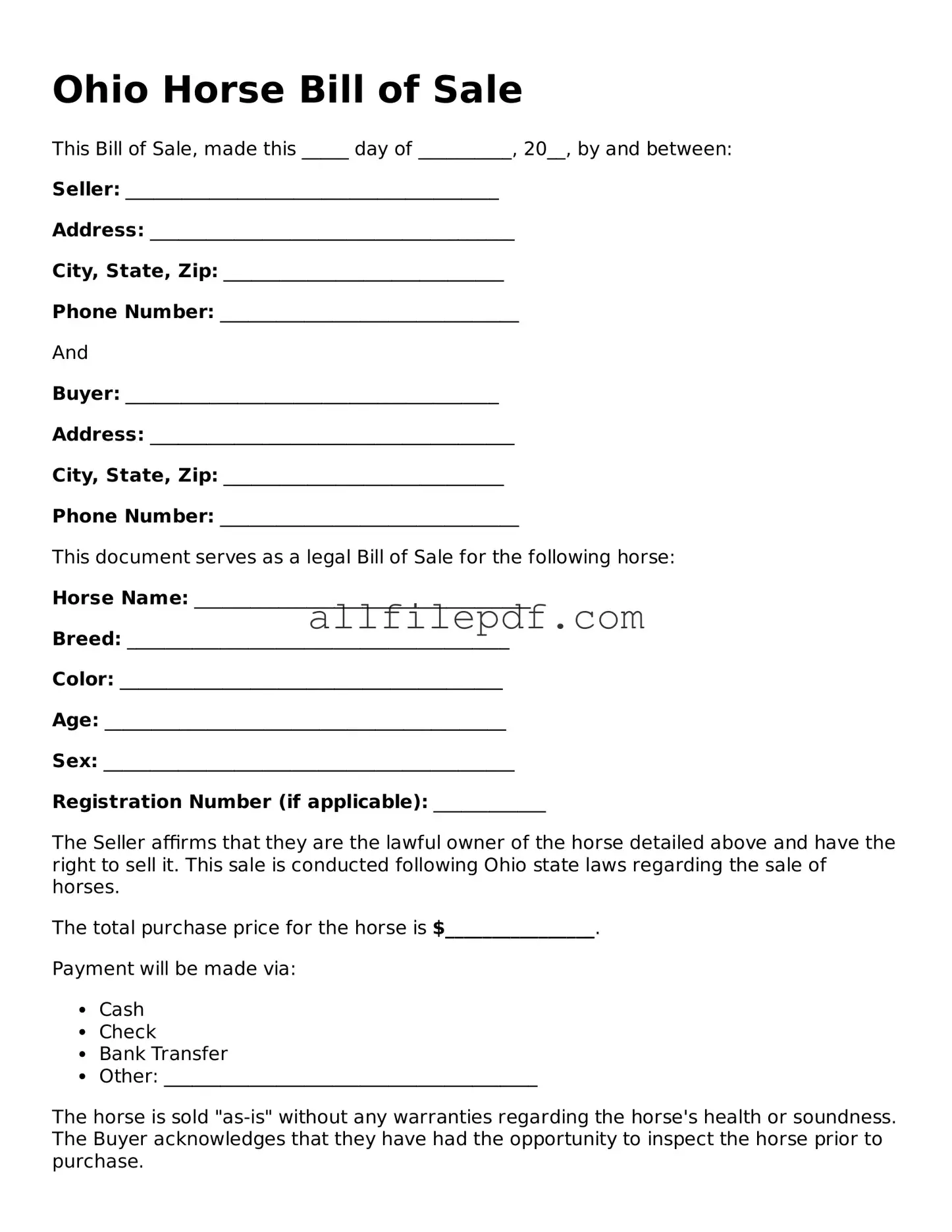 Official  Horse Bill of Sale Document for Ohio