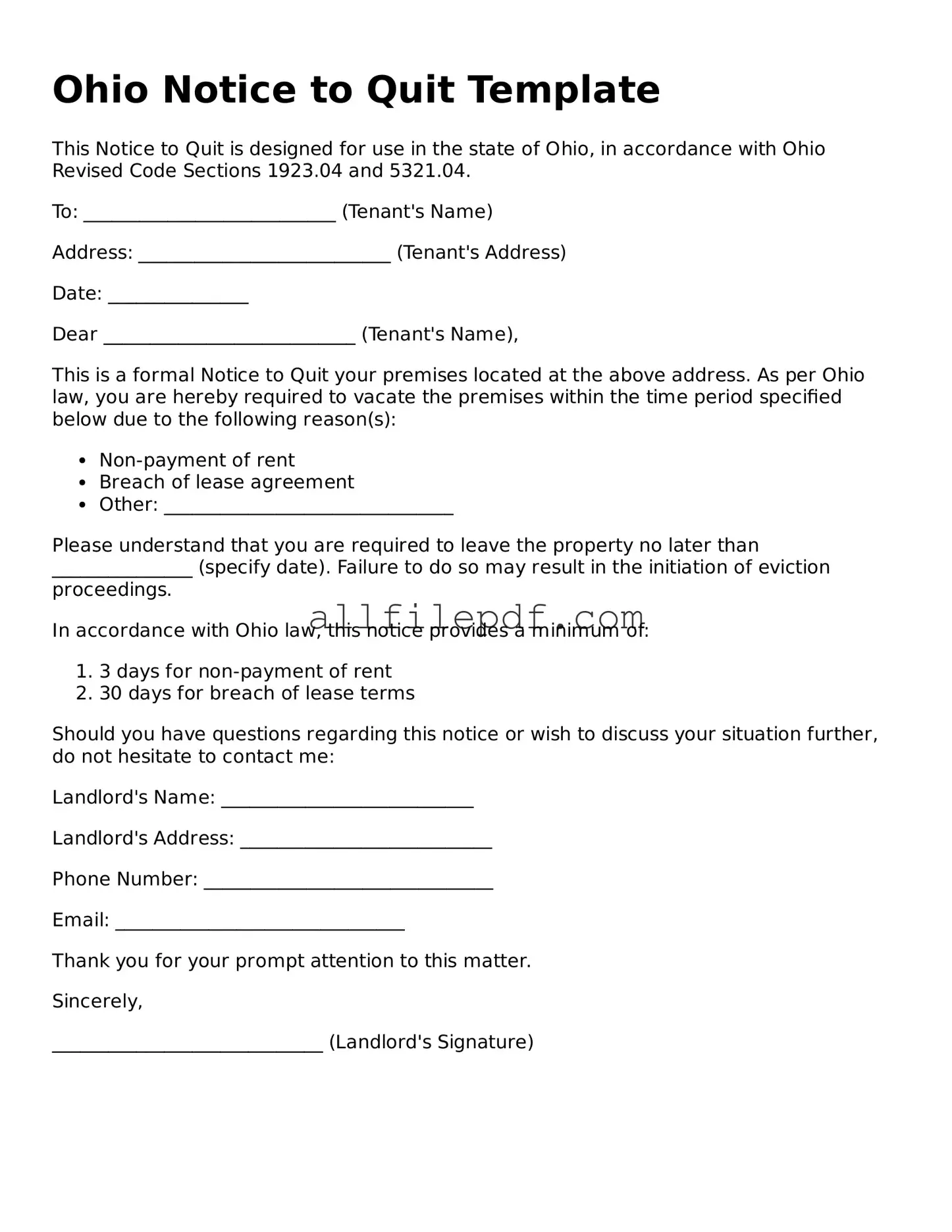 Official  Notice to Quit Document for Ohio