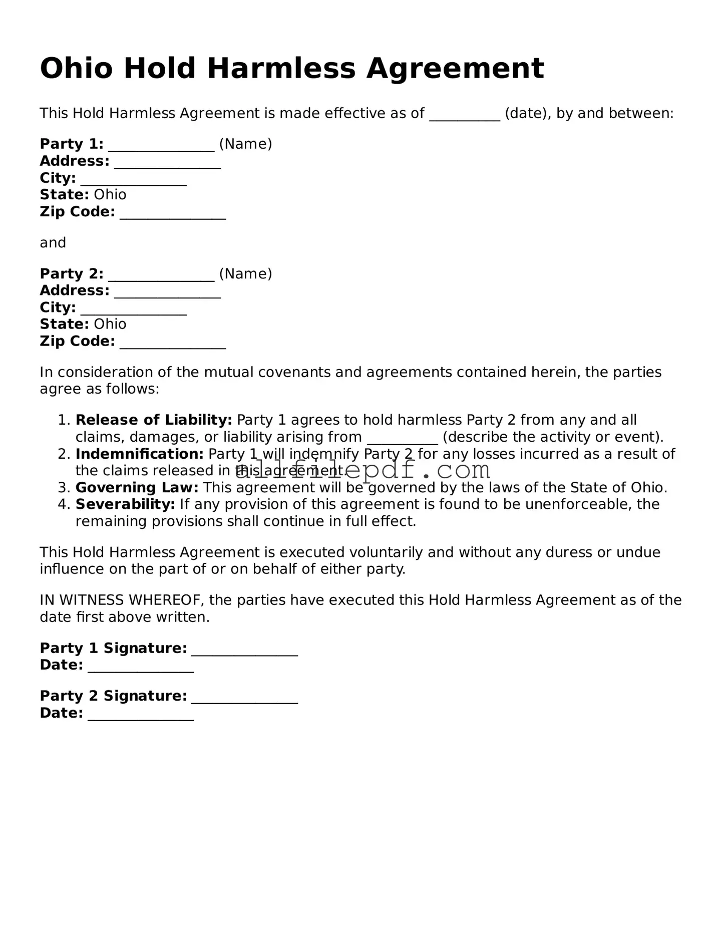 Official  Hold Harmless Agreement Document for Ohio