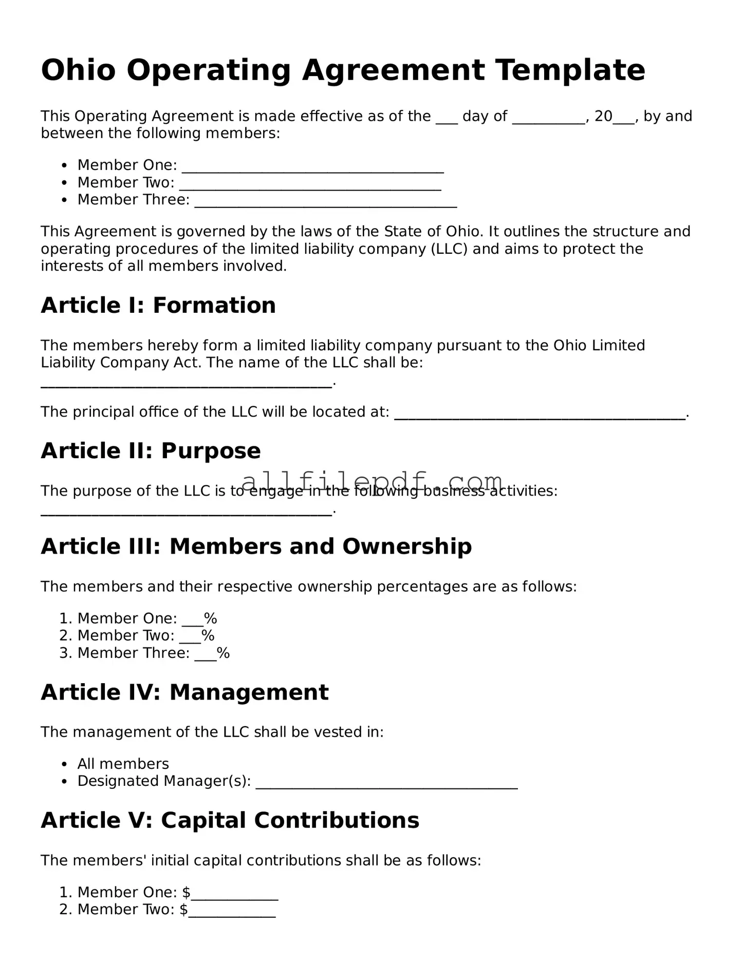 Official  Operating Agreement Document for Ohio