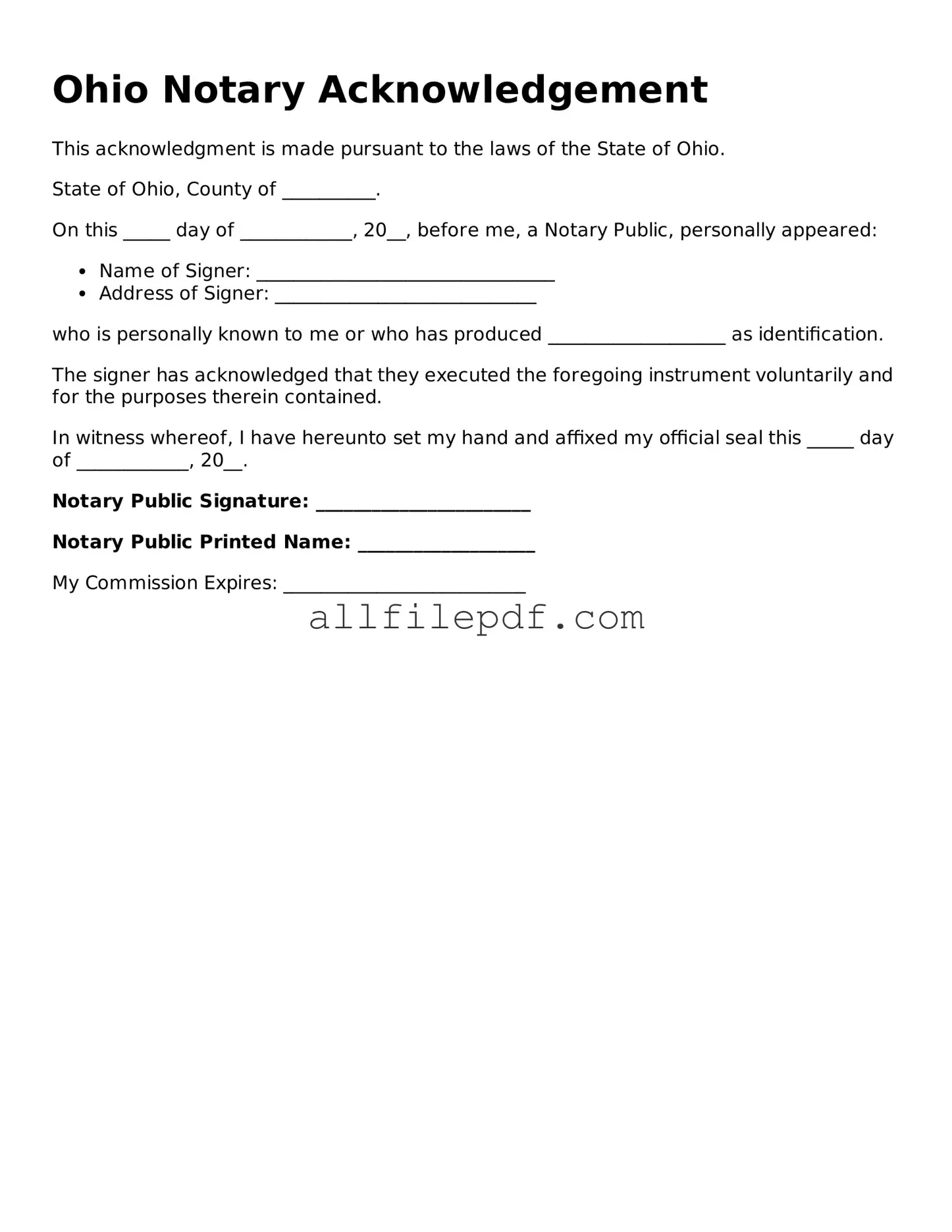 Official  Notary Acknowledgement Document for Ohio