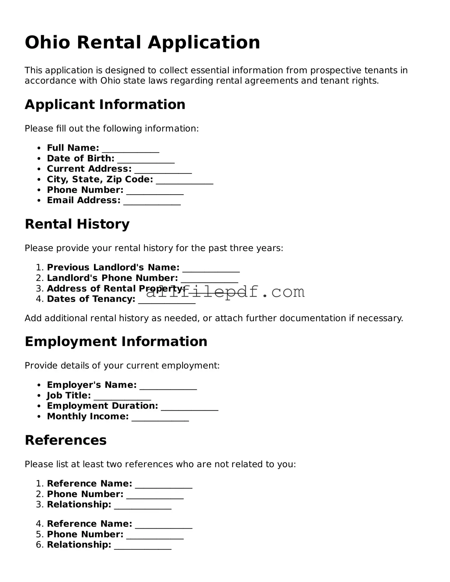Official  Rental Application Document for Ohio