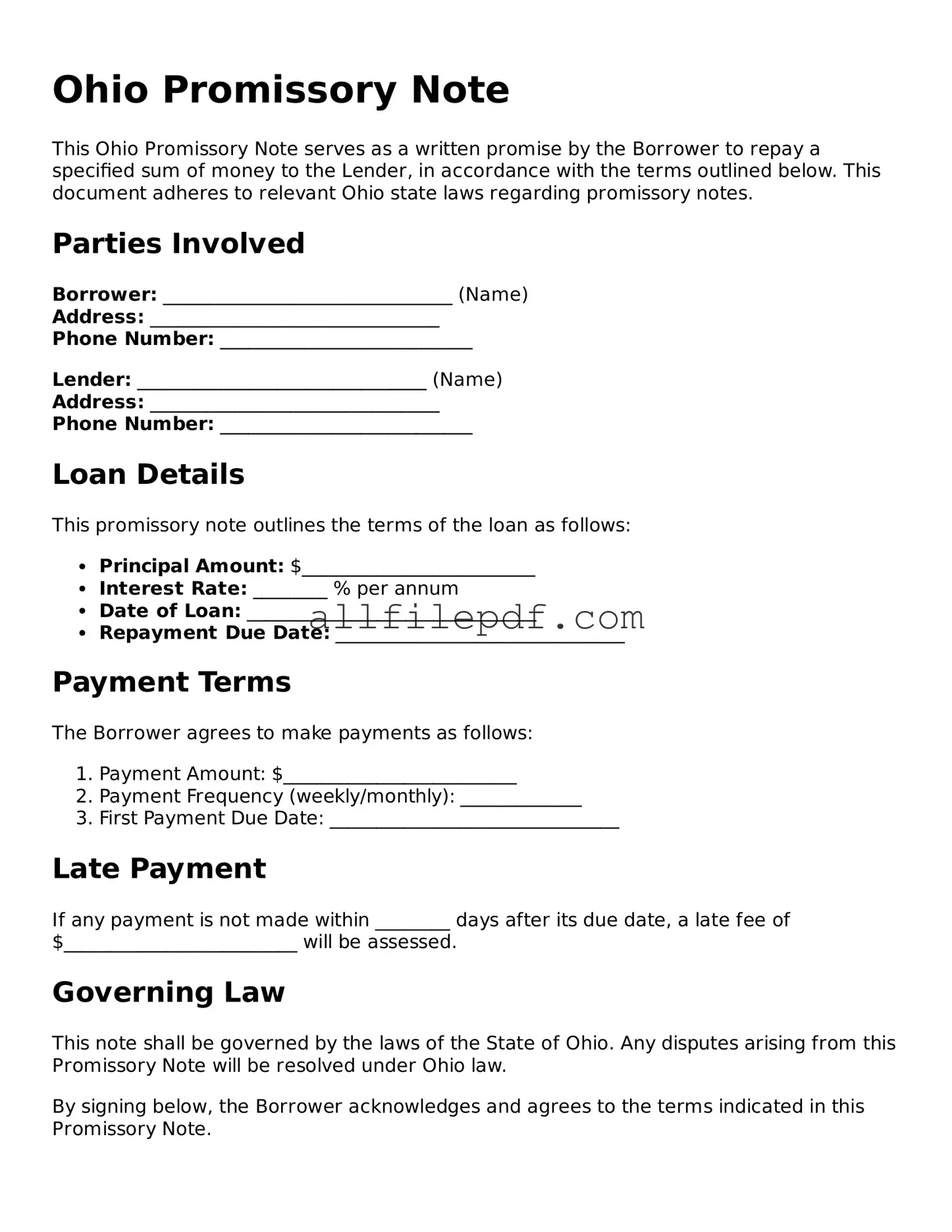 Official  Promissory Note Document for Ohio