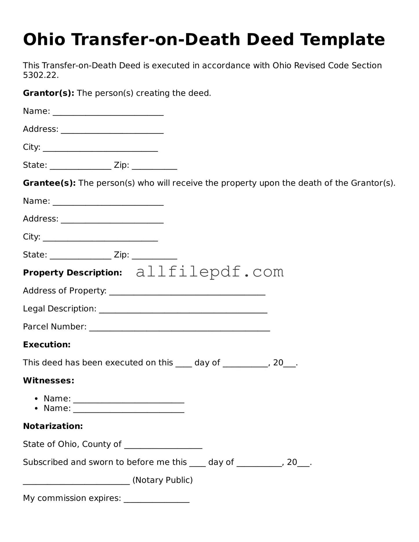 Official  Transfer-on-Death Deed Document for Ohio