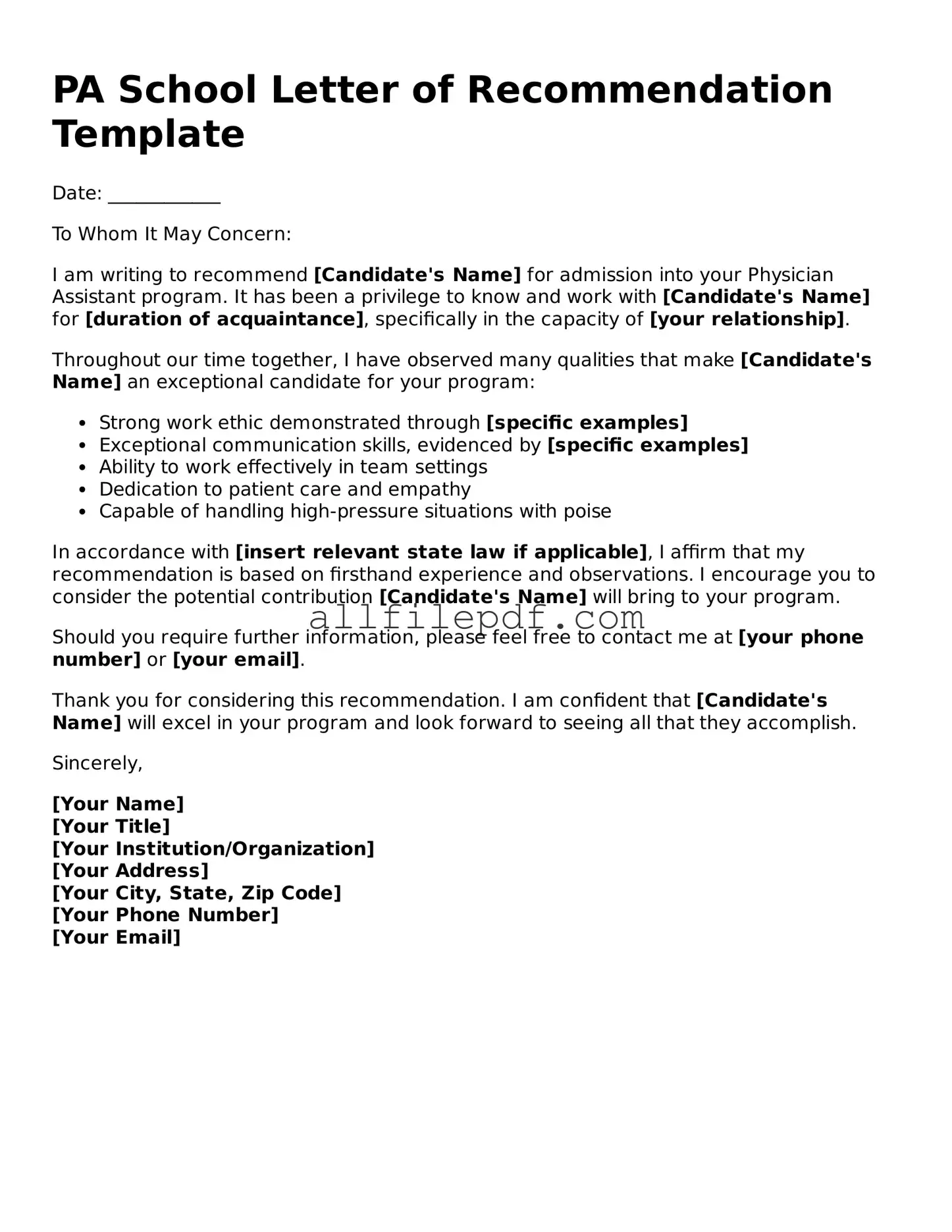 Blank PA School Letter of Recommendation Template