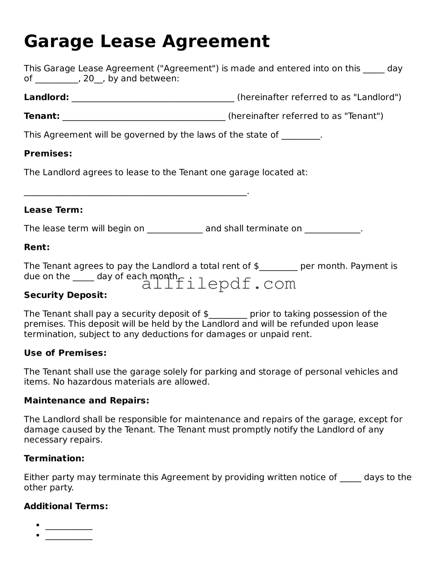 Blank Garage Lease Agreement Template