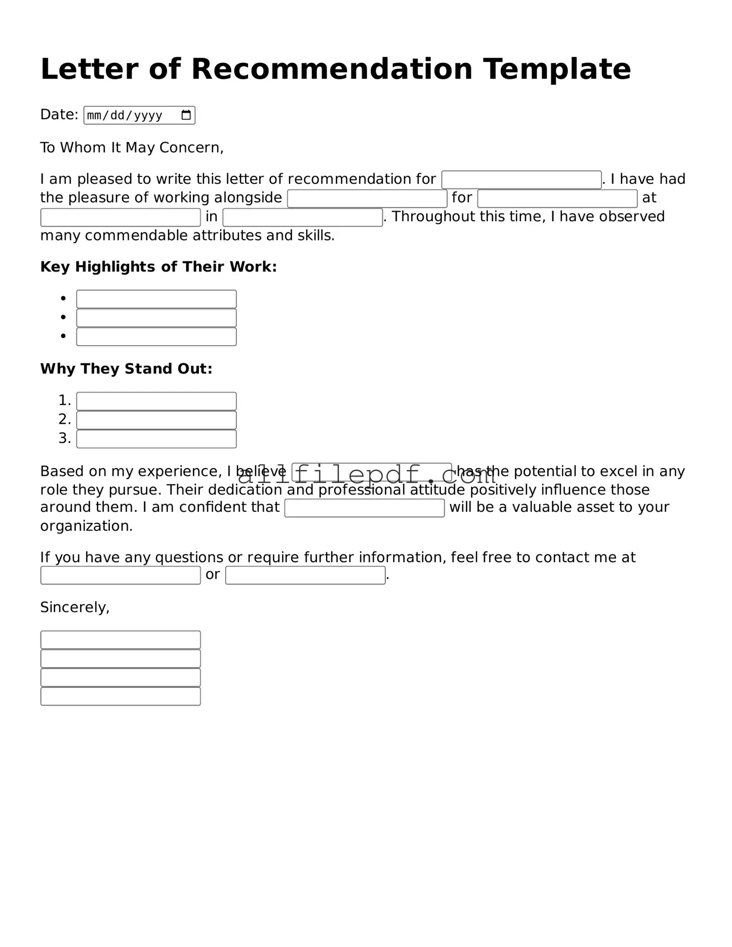 Blank Letter of Recommendation for Coworker Template