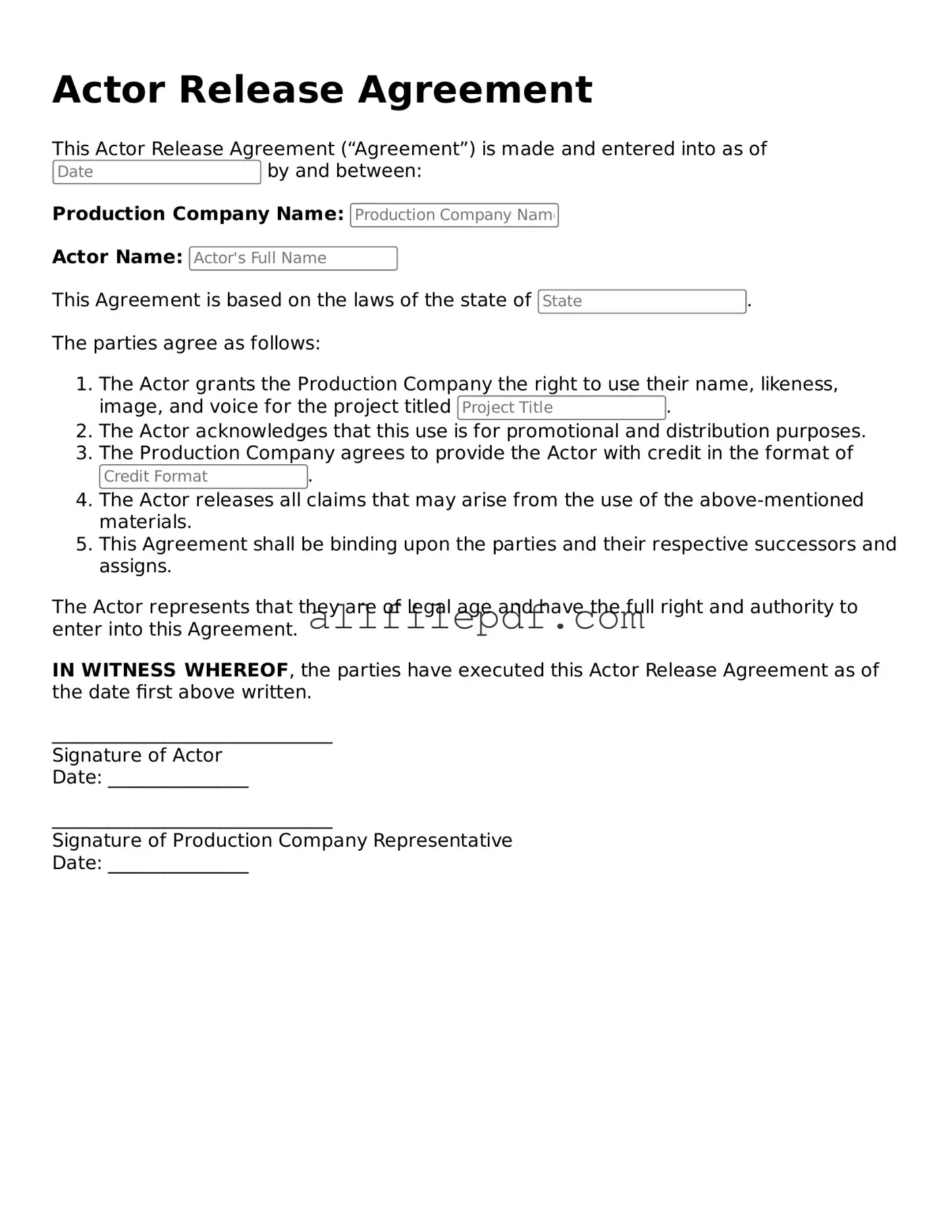 Blank Actor Release Template
