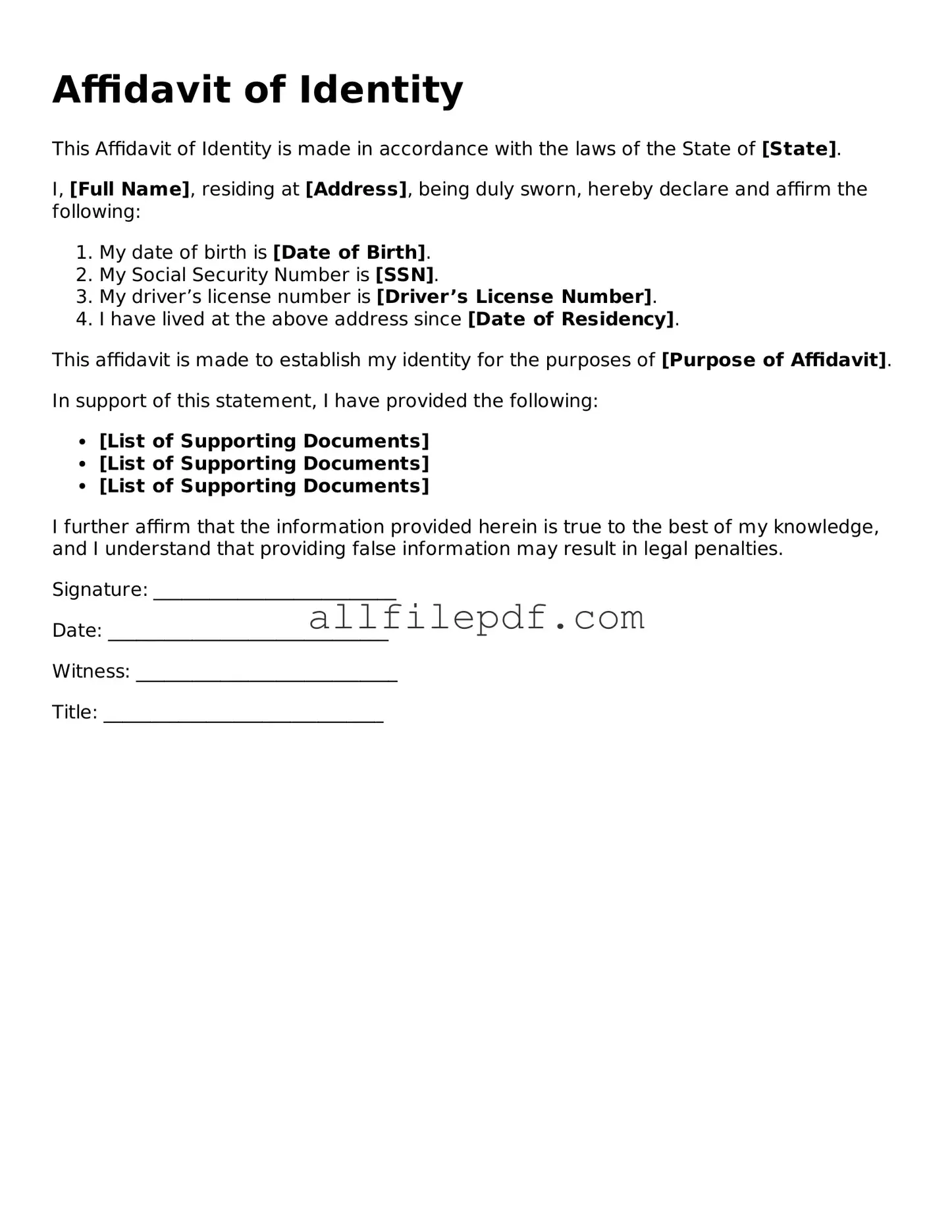 Blank Affidavit of Identity Template