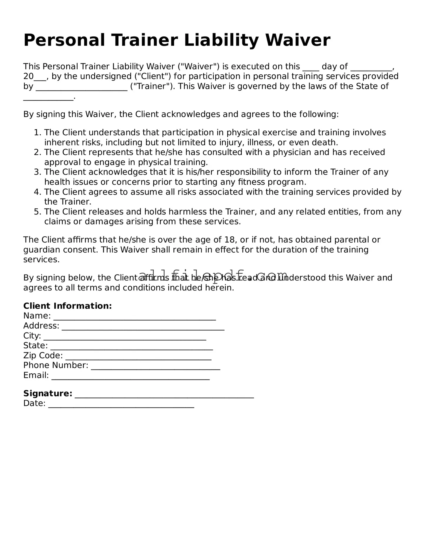 Blank Personal Trainer Liability Waiver Template