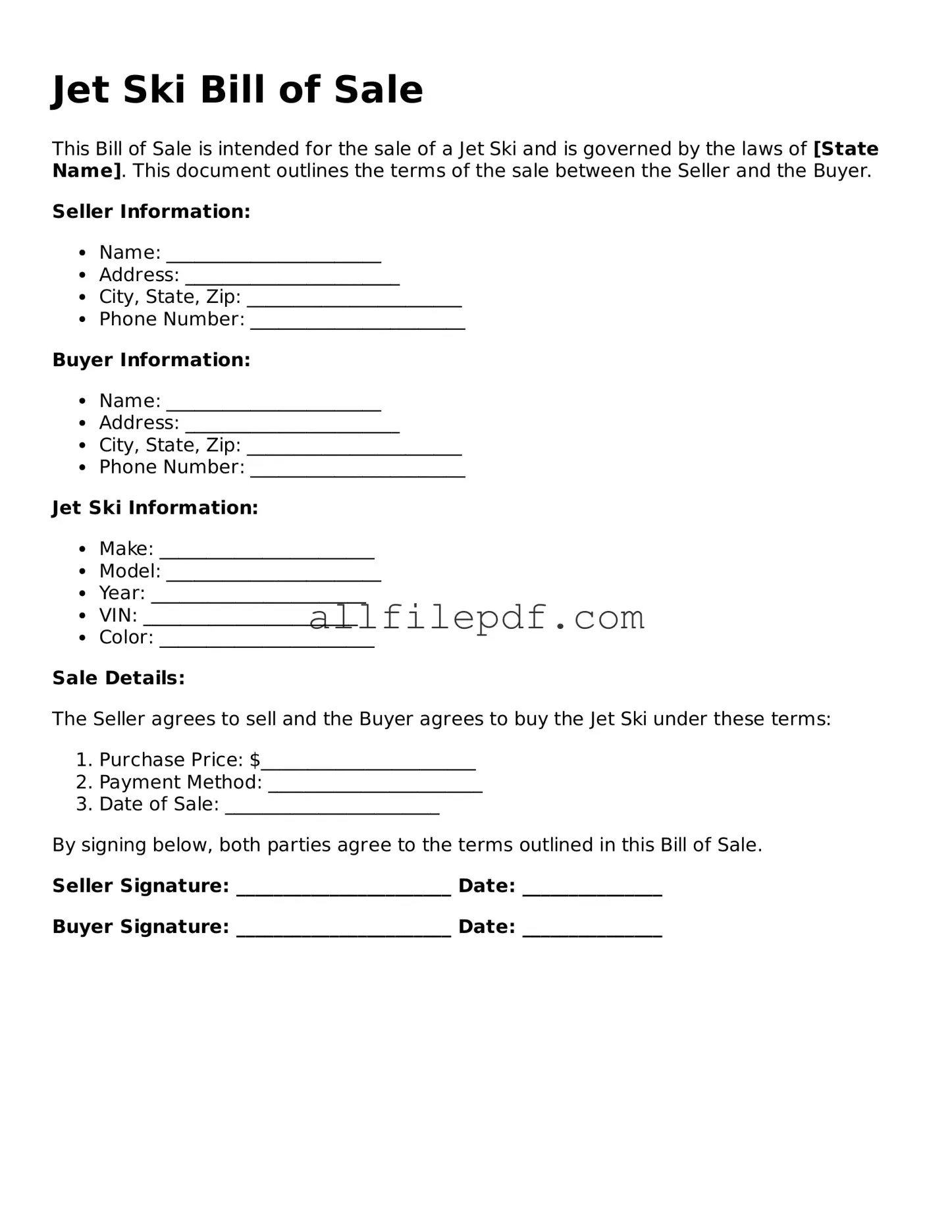 Blank Jet Ski Bill of Sale Template