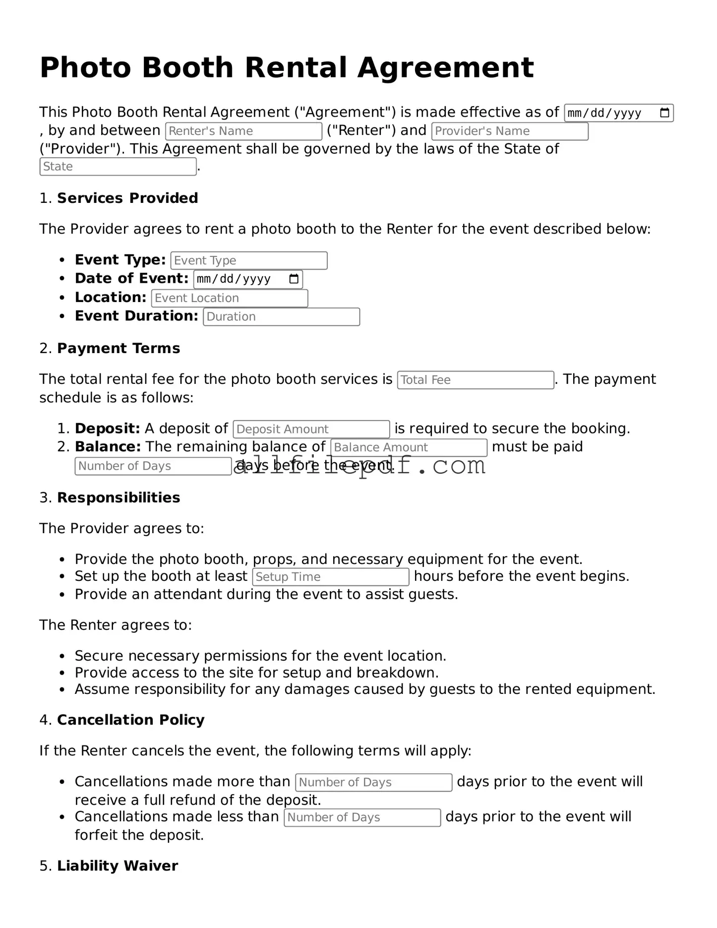 Blank Photo Booth Rental Agreement Template