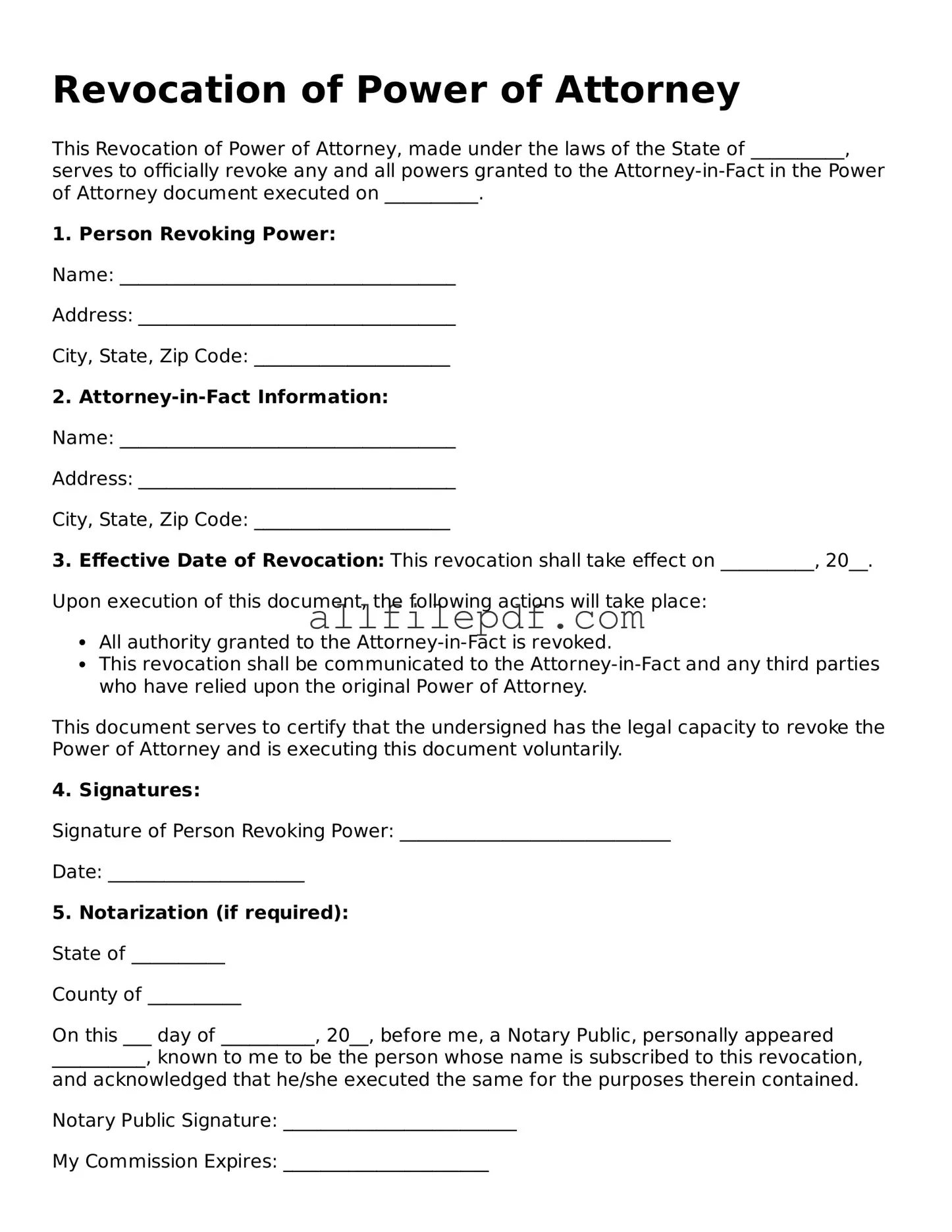 Blank Revocation of Power of Attorney Template
