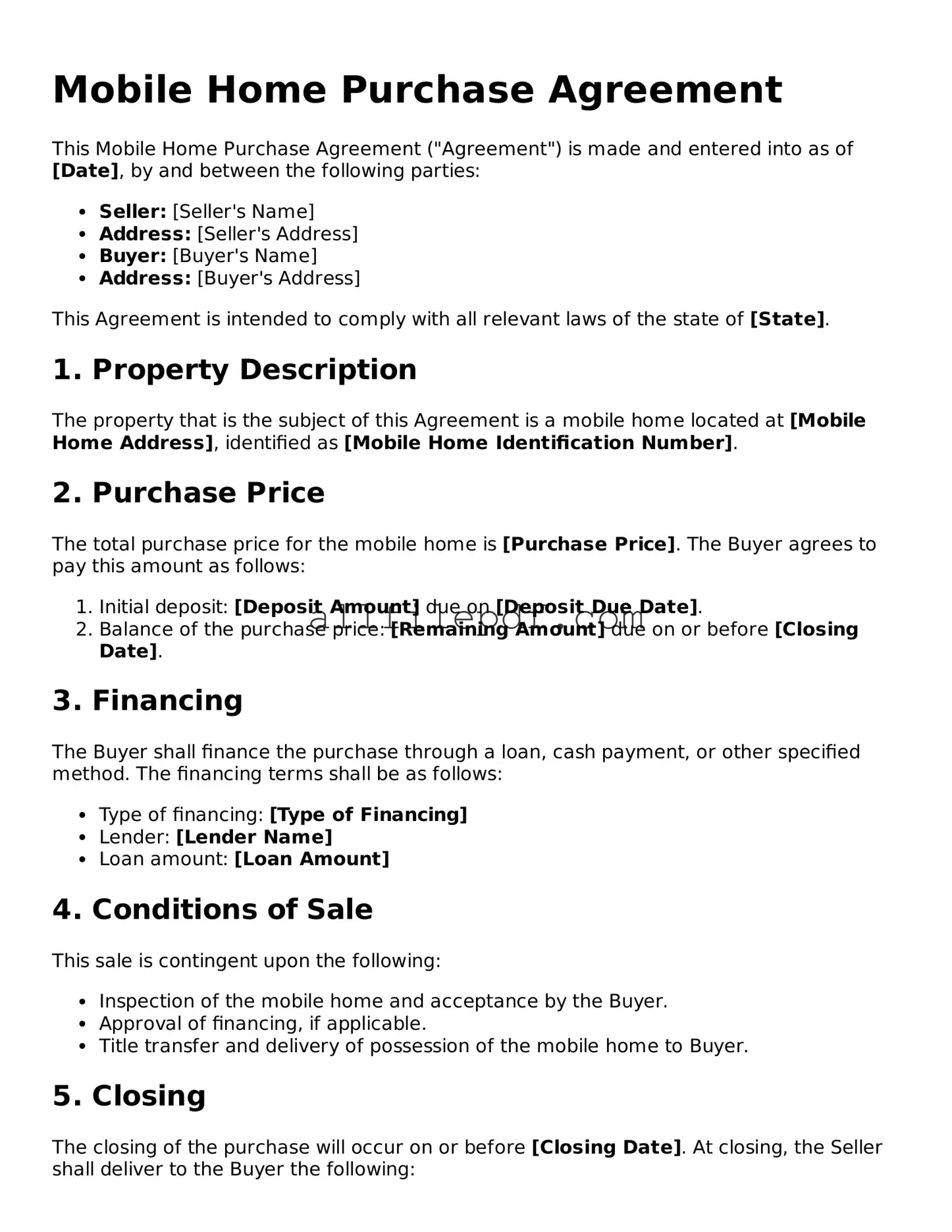 Blank Mobile Home Purchase Agreement Template