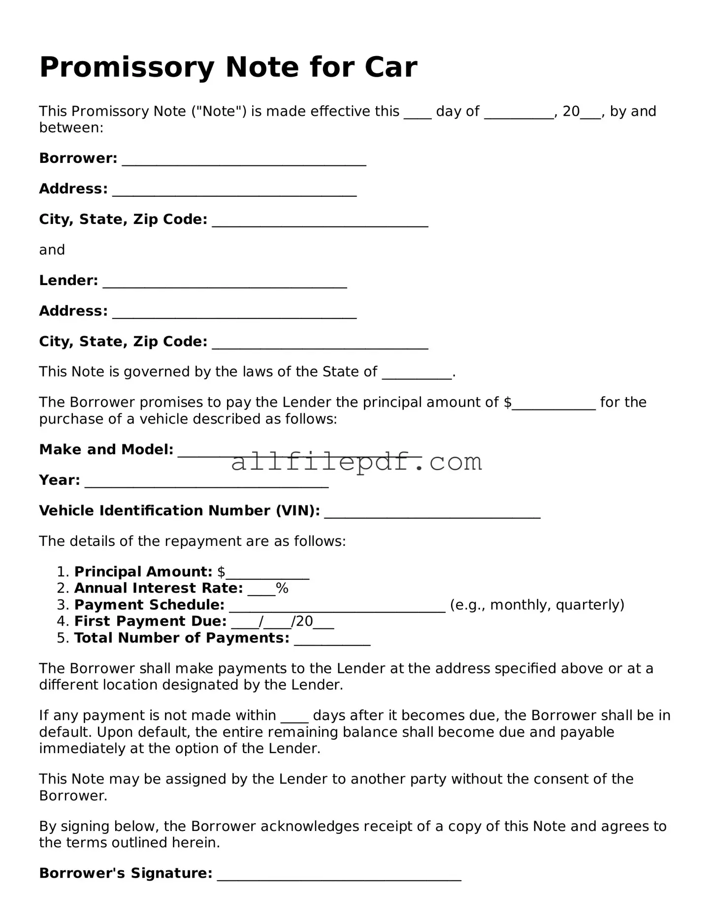 Blank Promissory Note for a Car Template
