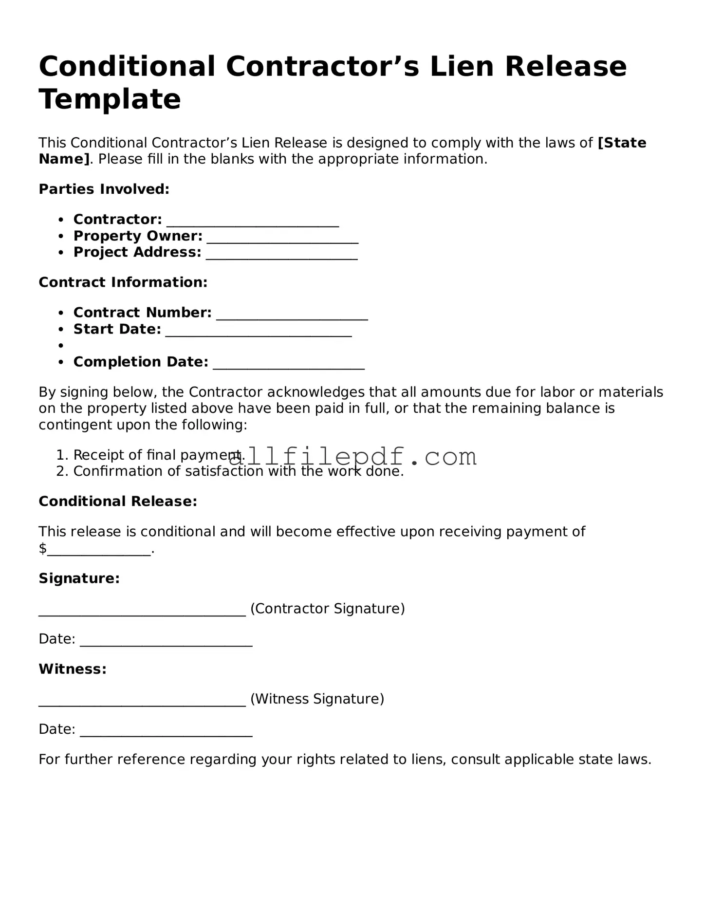 Blank Conditional Contractor’s Lien Release Template