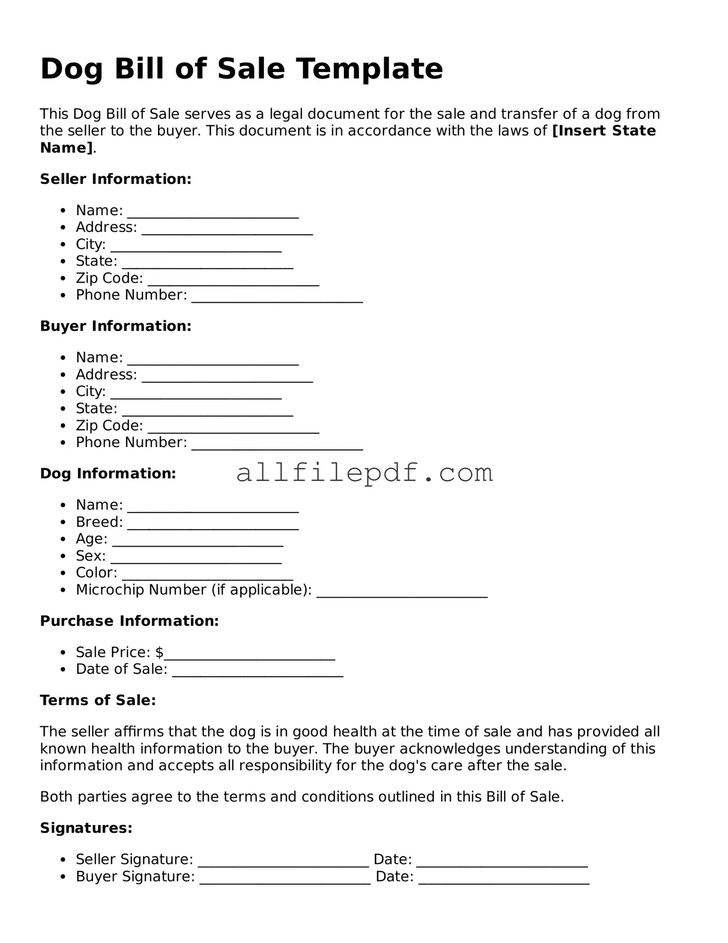 Blank Dog Bill of Sale Template