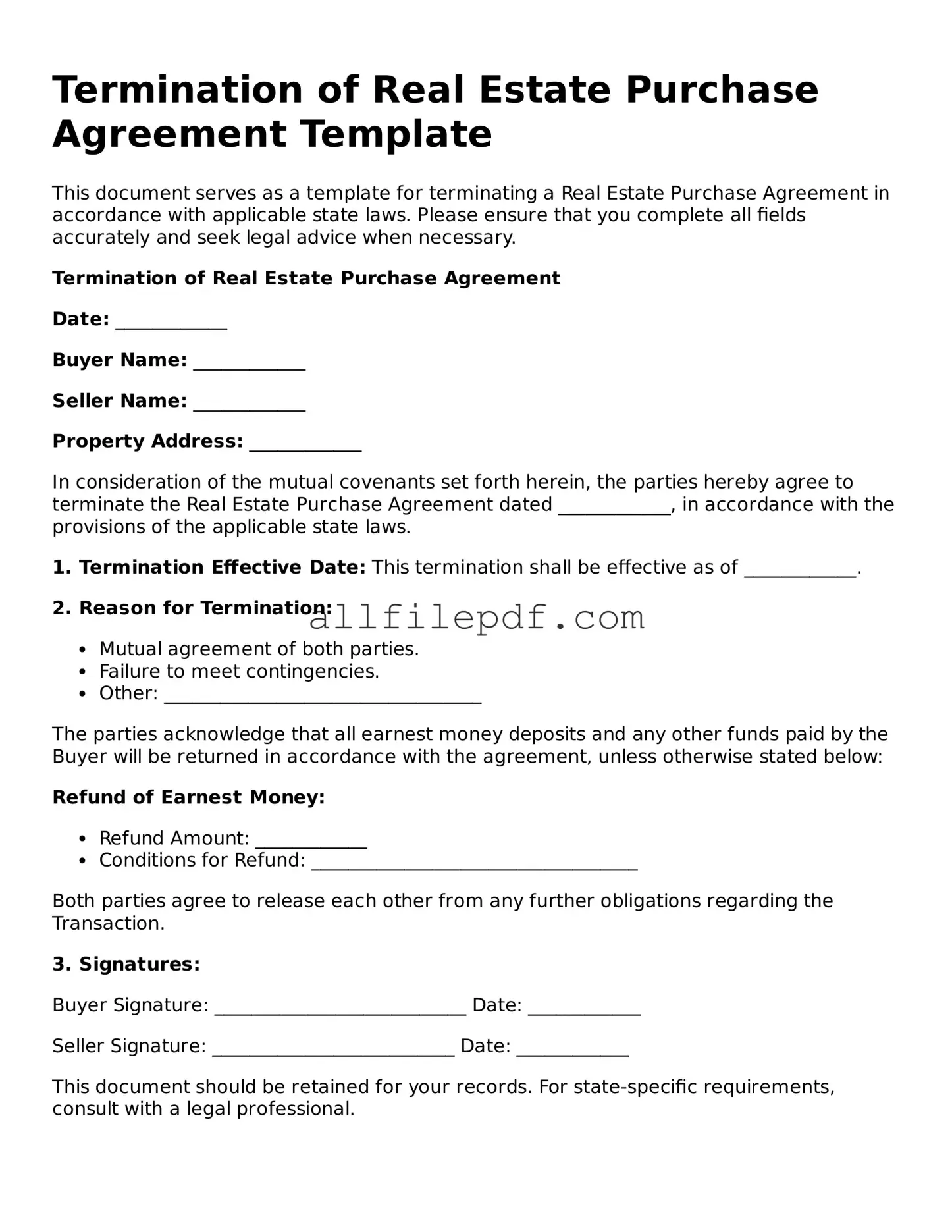 Blank Termination of Real Estate Purchase Agreement Template