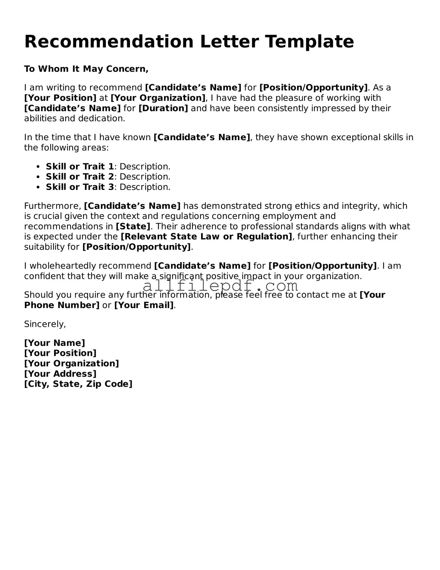 Blank Recommendation Letter Template