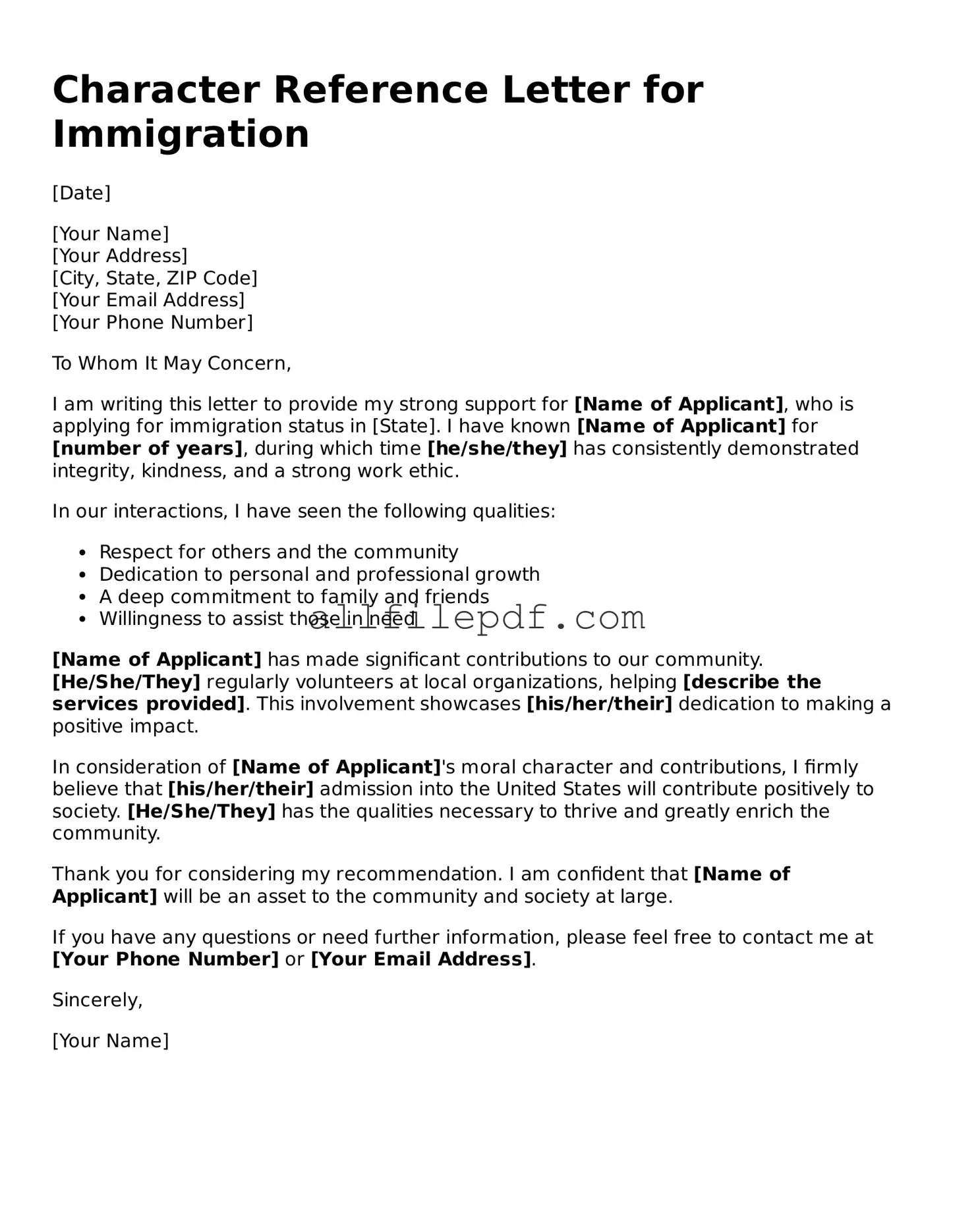 Blank Character Reference Letter for Immigration Template