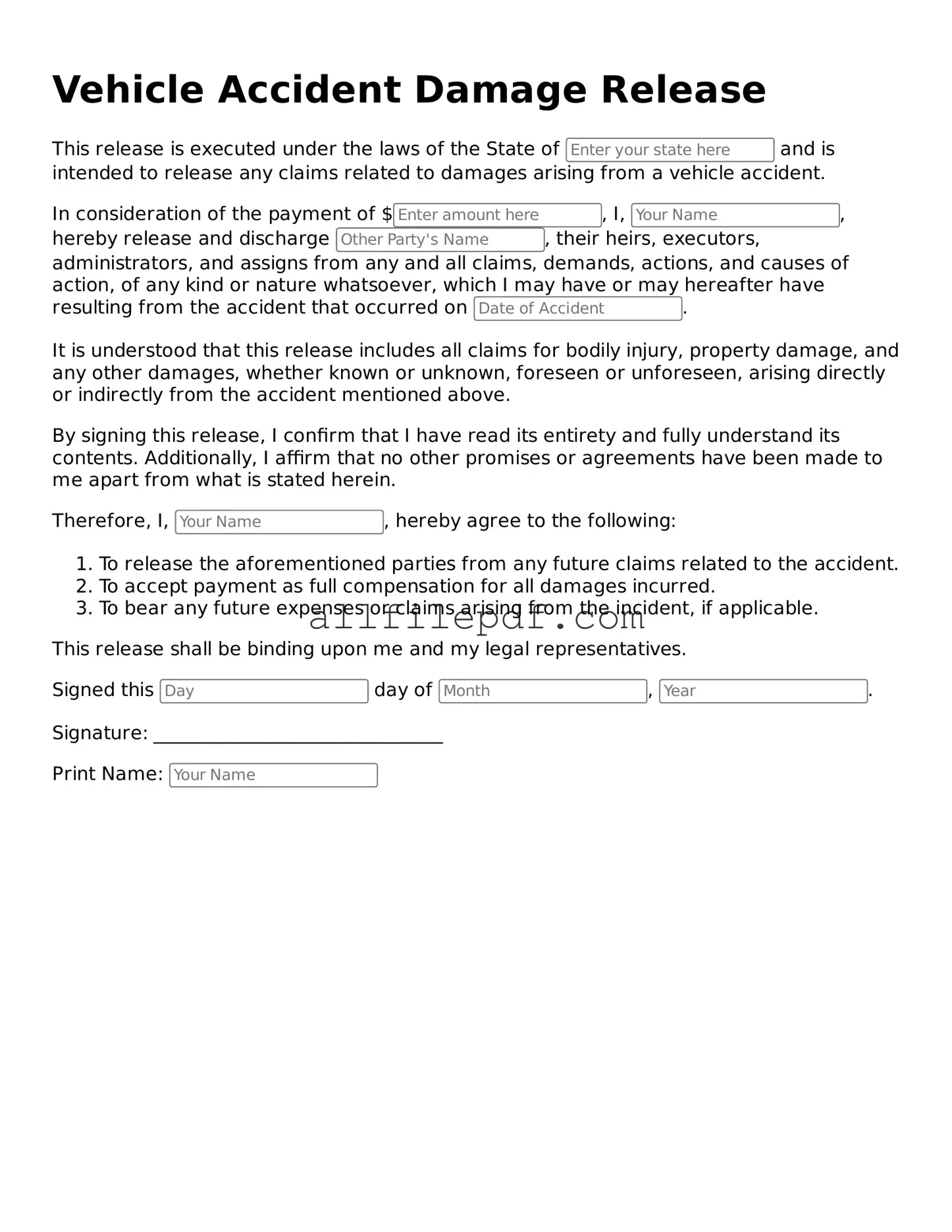 Blank Vehicle Accident Damage Release Template