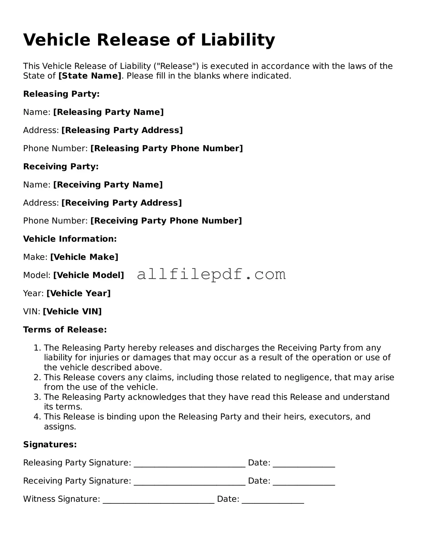 Blank Vehicle Release of Liability Template