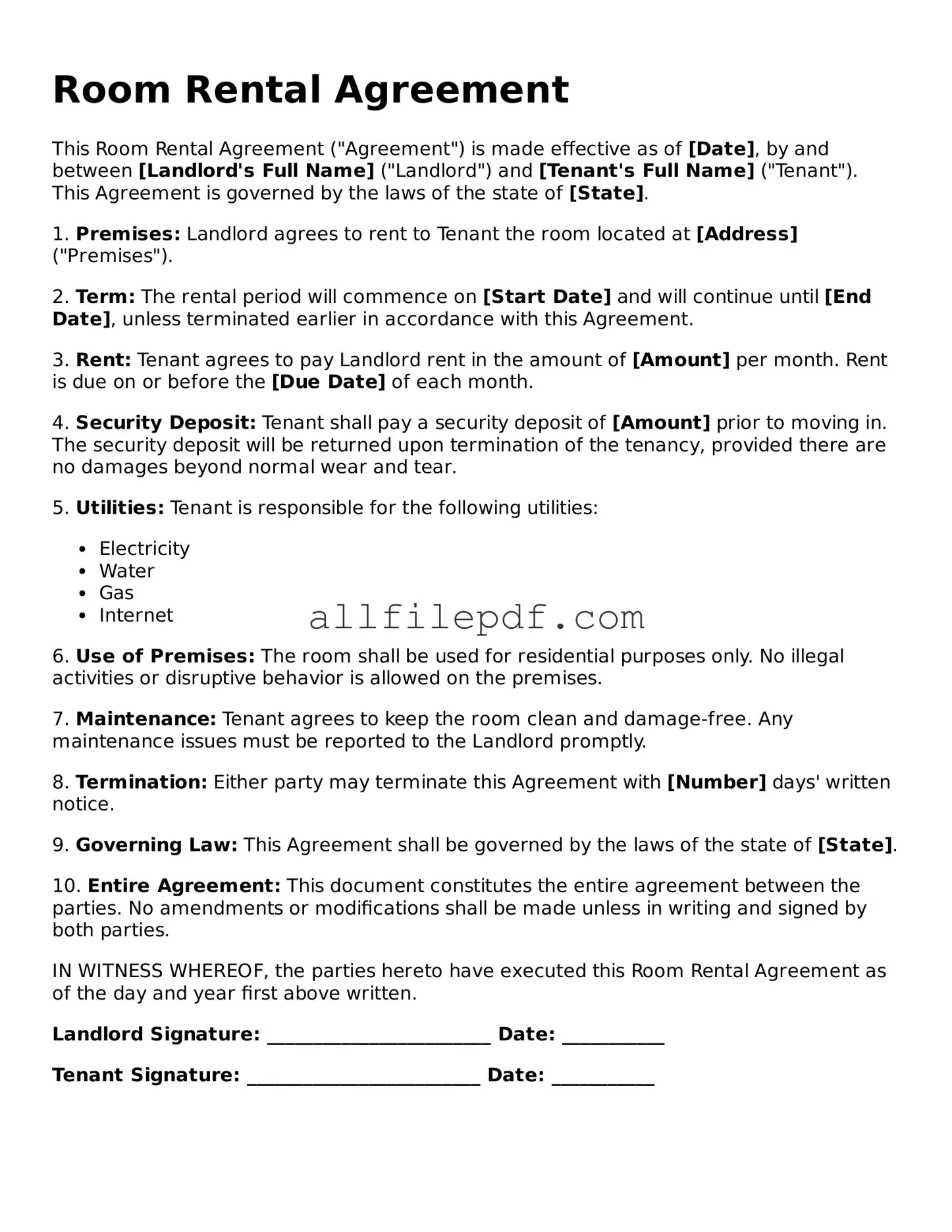 Blank Room Rental Agreement Template