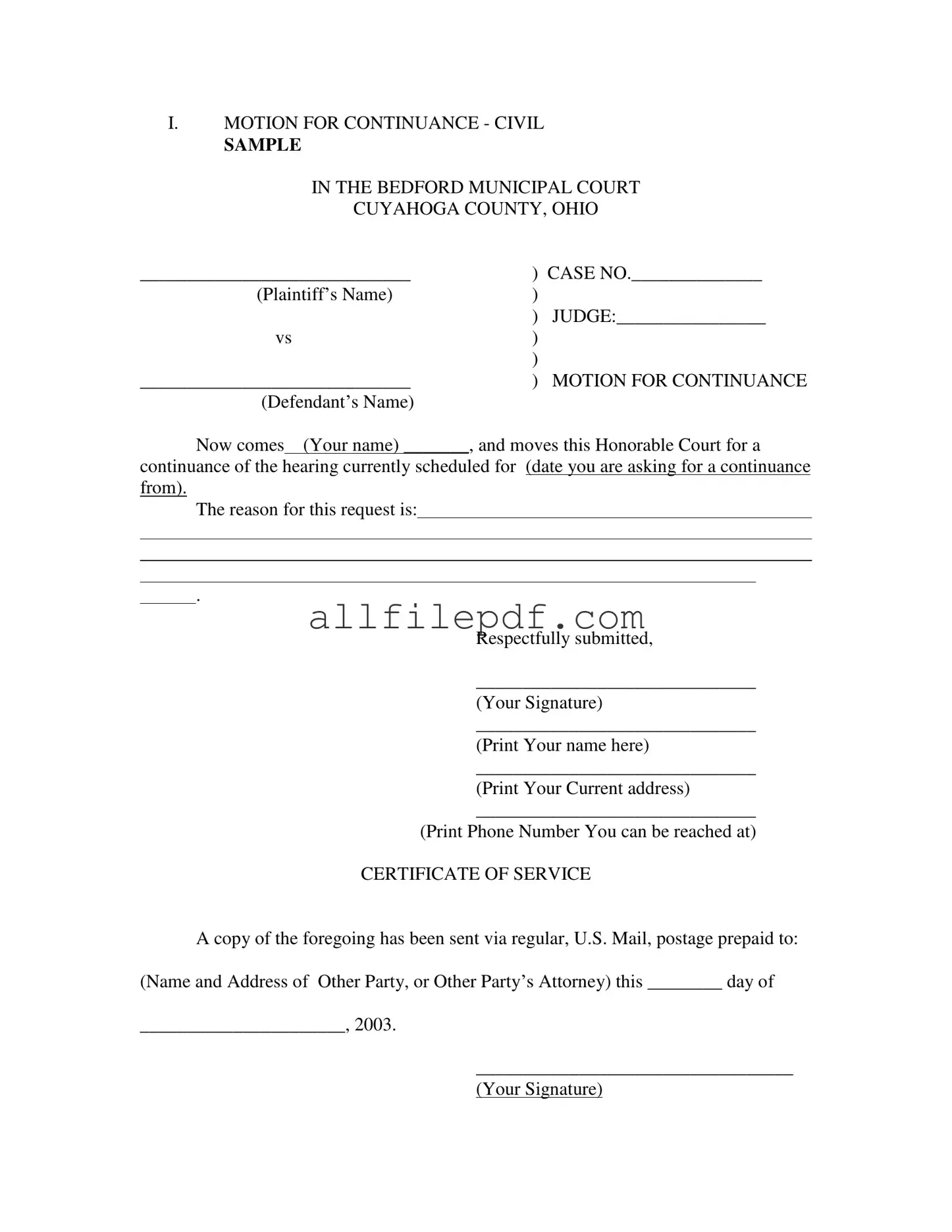 Blank Motion For Continuance PDF Form