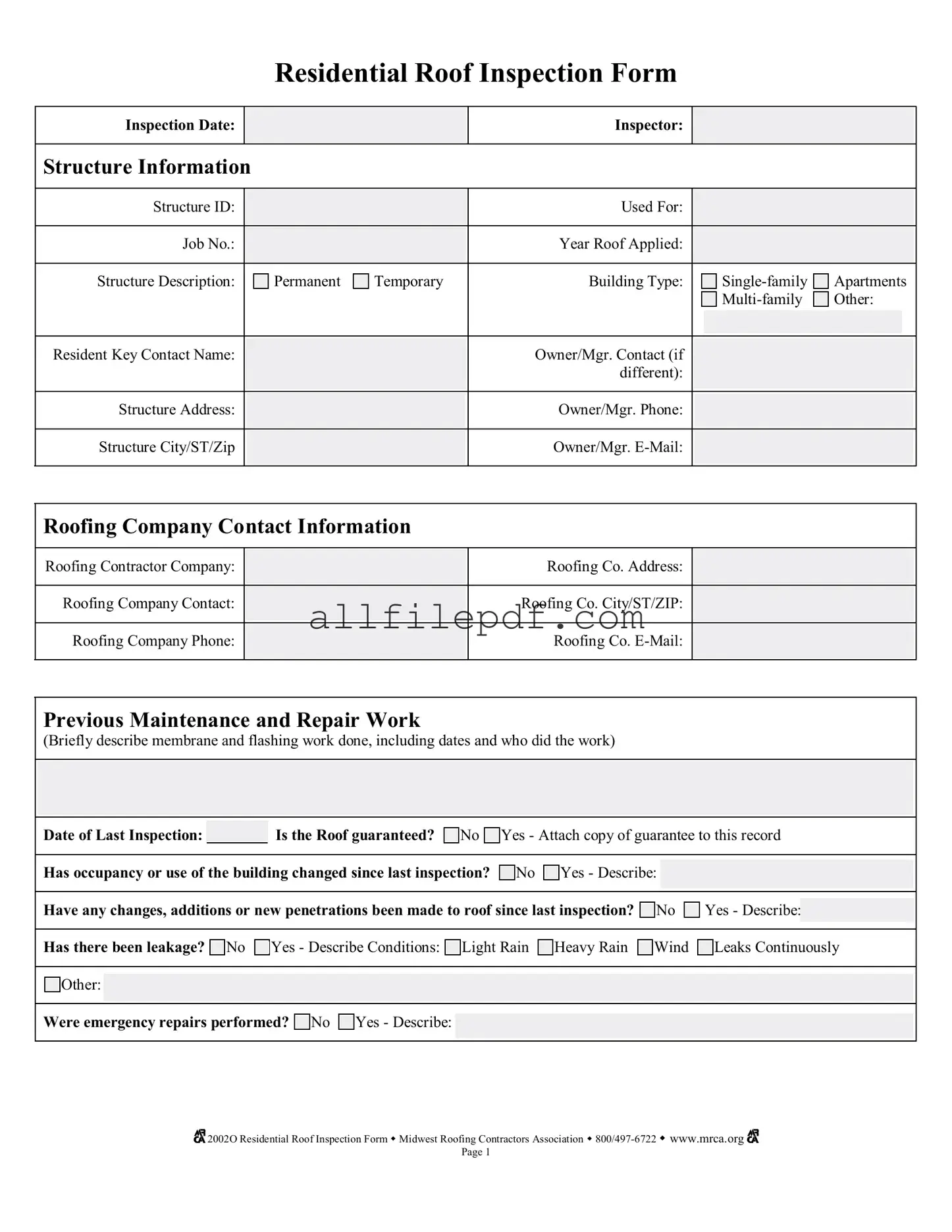 Blank Roof Inspection PDF Form