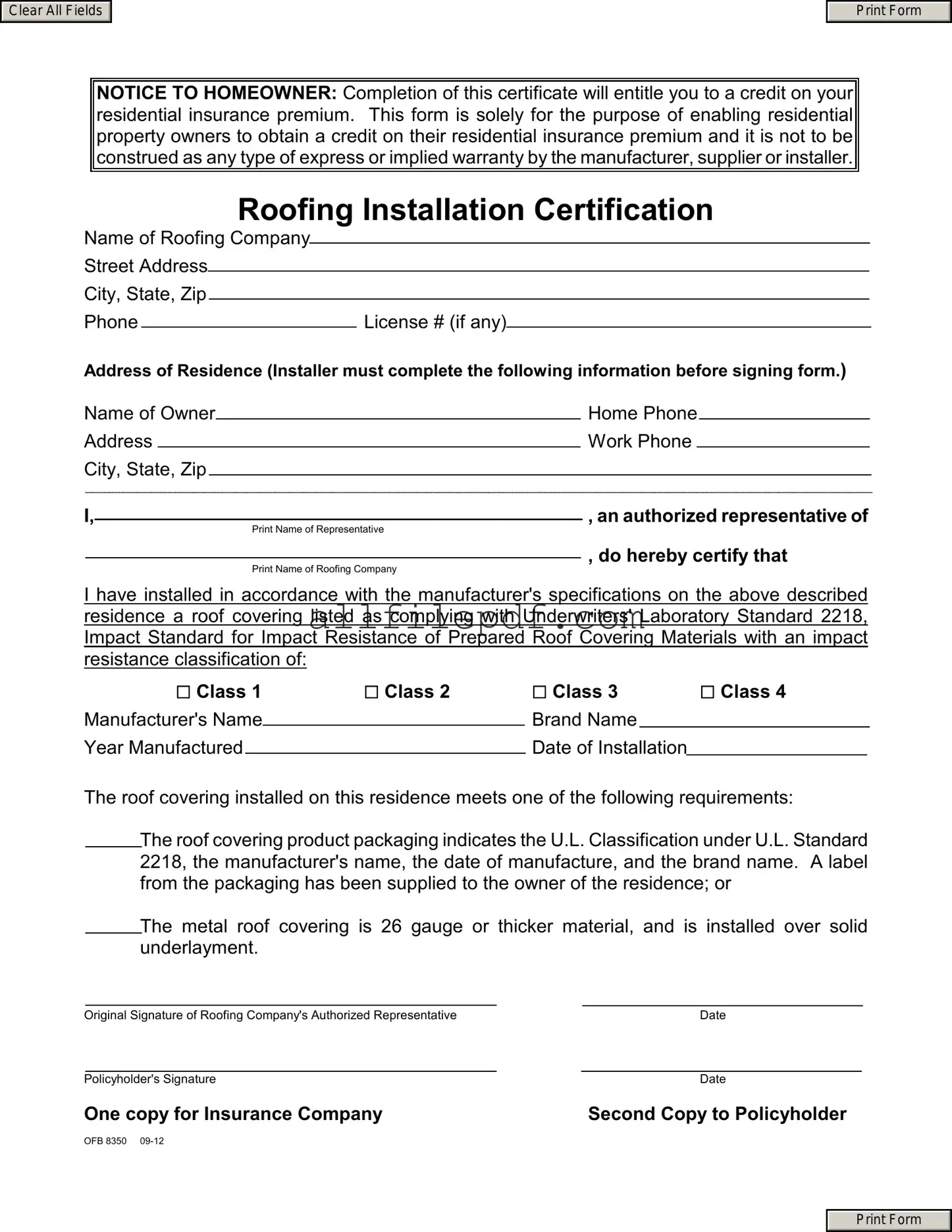 Blank Roofing Certificate PDF Form