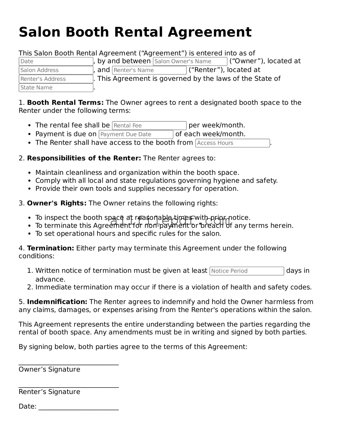 Blank Salon Booth Rental Agreement Template